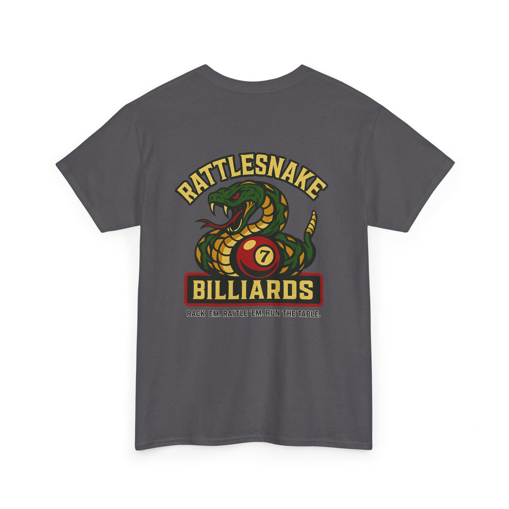 Rattlesnake Billiards - Rack 'Em, Rattle 'Em, Run The Table - Strike Hard, Play Bold Tee
