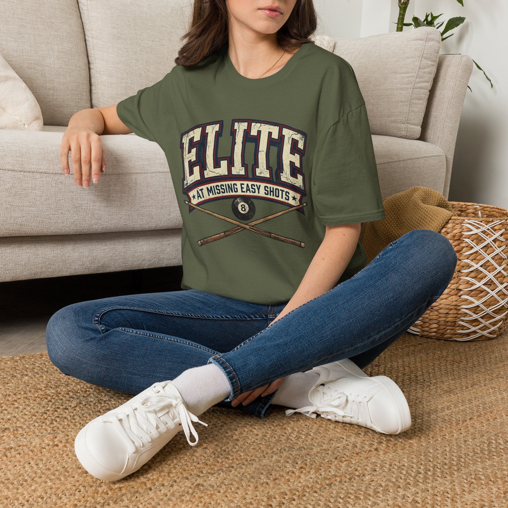 Elite at Missing Easy Shots V2 Funny Billiards T-Shirt | Vintage 8 Ball Pool Player Graphic Unisex Tee