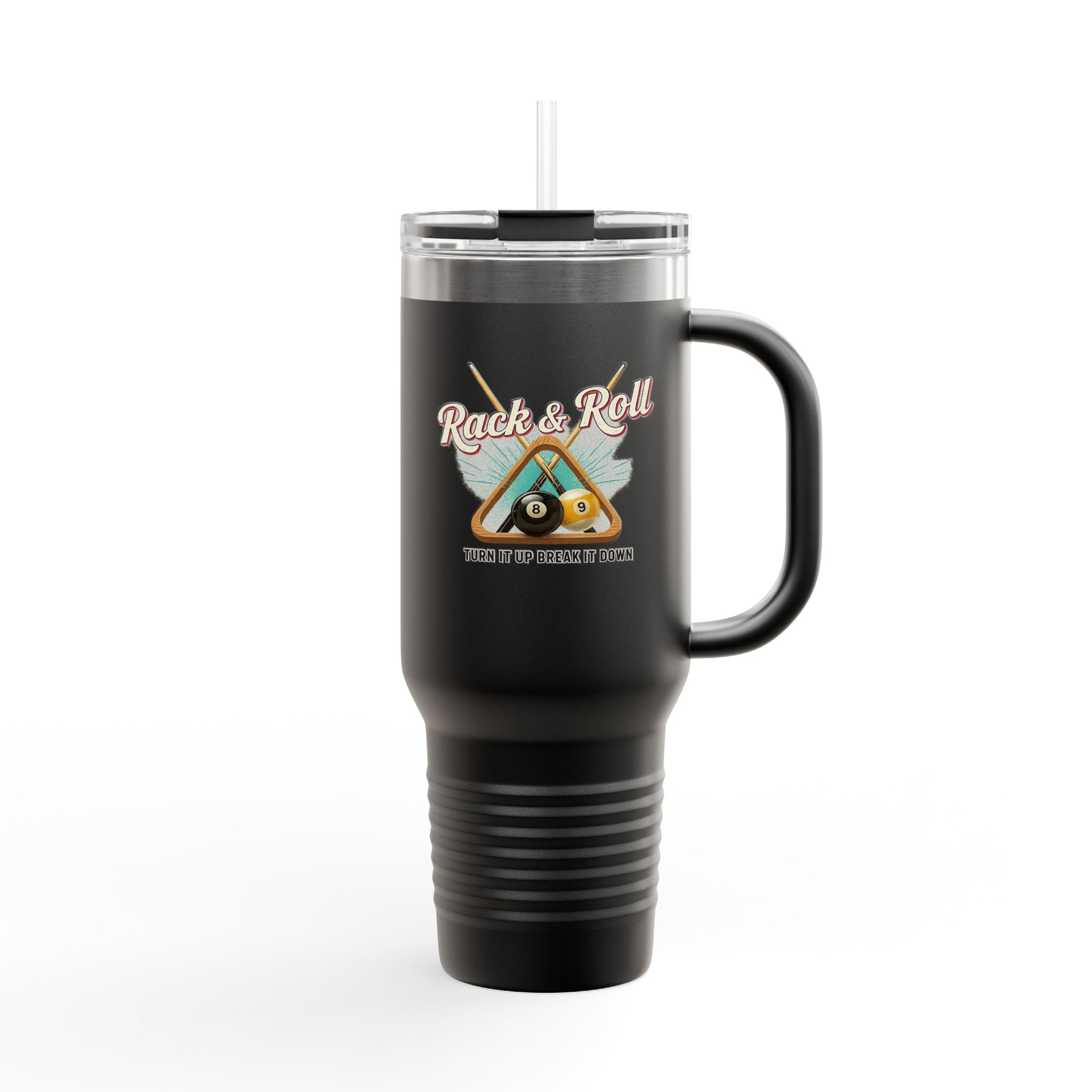 Rack & Roll v2 40oz Insulated Travel Mug – Pool Cue Billiards Design,