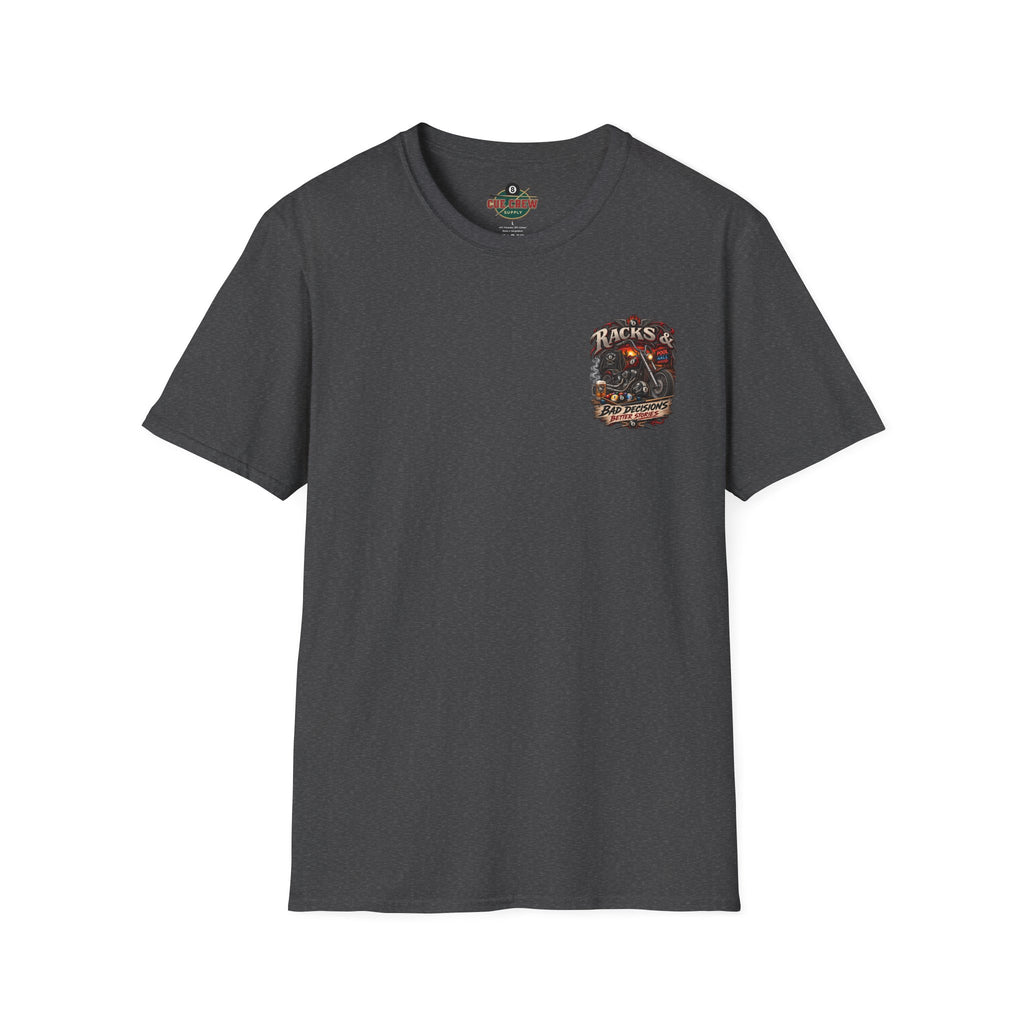 Racks & Bad Decisions Better Stories – Biker Billiards T-Shirt – Front & Back Pool Tee