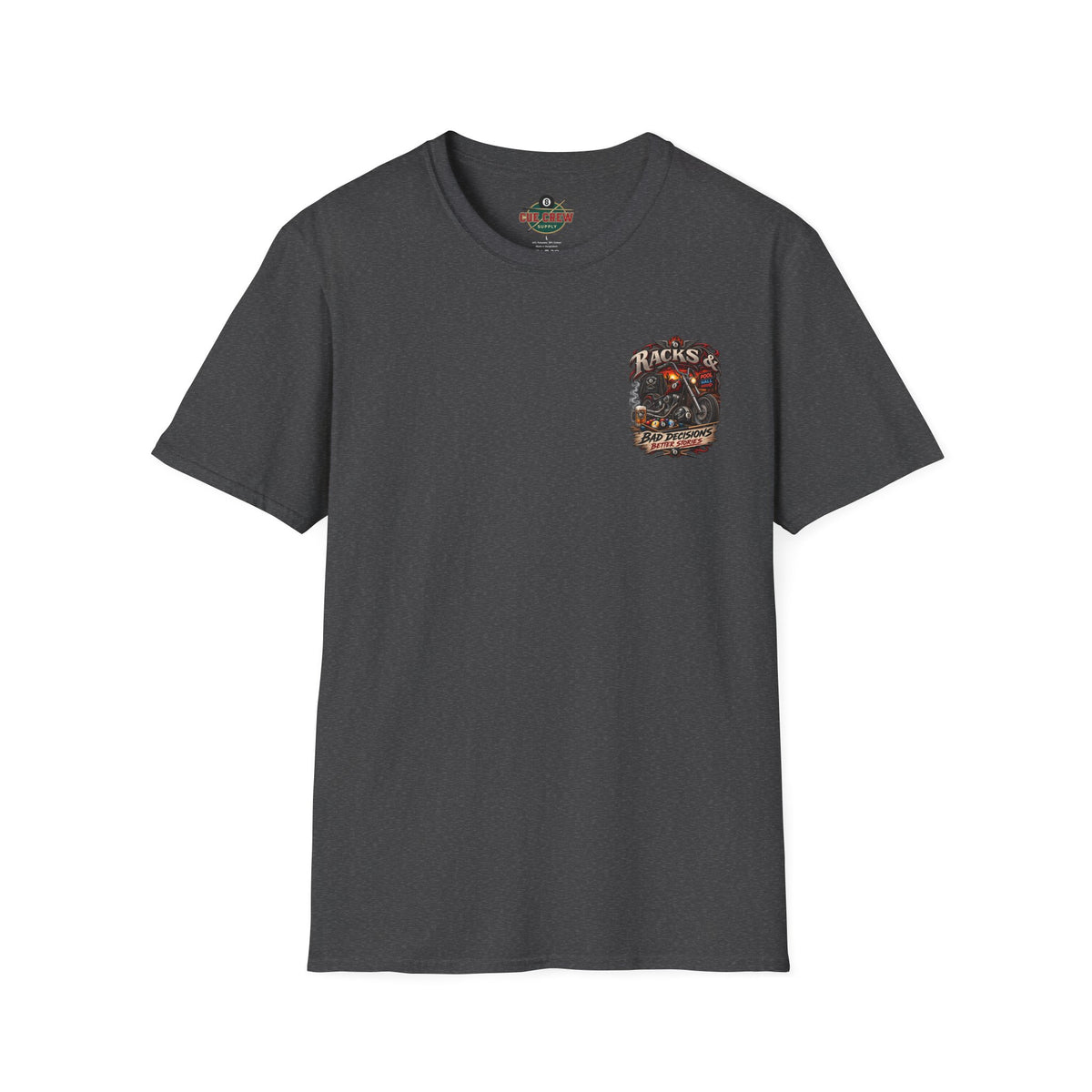 Racks & Bad Decisions Better Stories – Biker Billiards T-Shirt – Front & Back Pool Tee