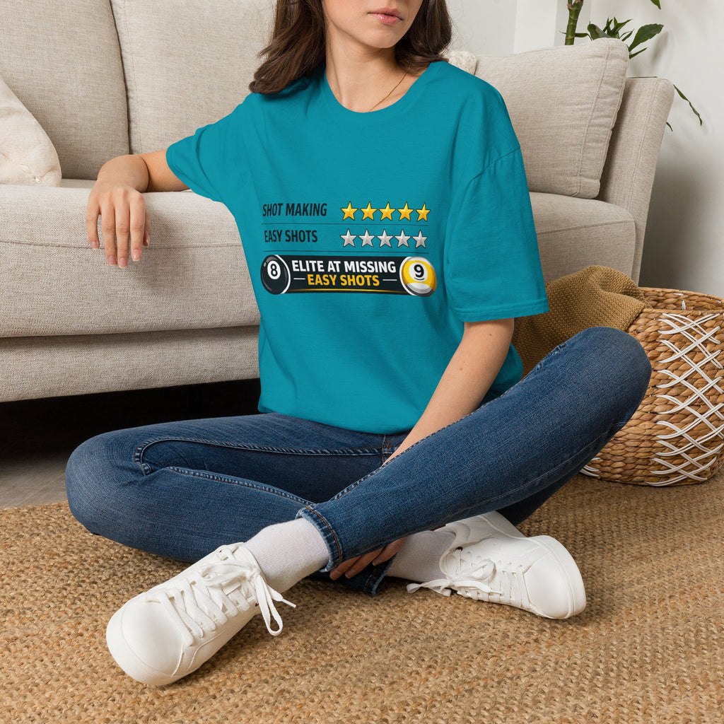 Elite At Missing Easy Shots Funny Billiards T-Shirt | 8 Ball & 9 Ball Graphic Unisex Tee | Front Print Only