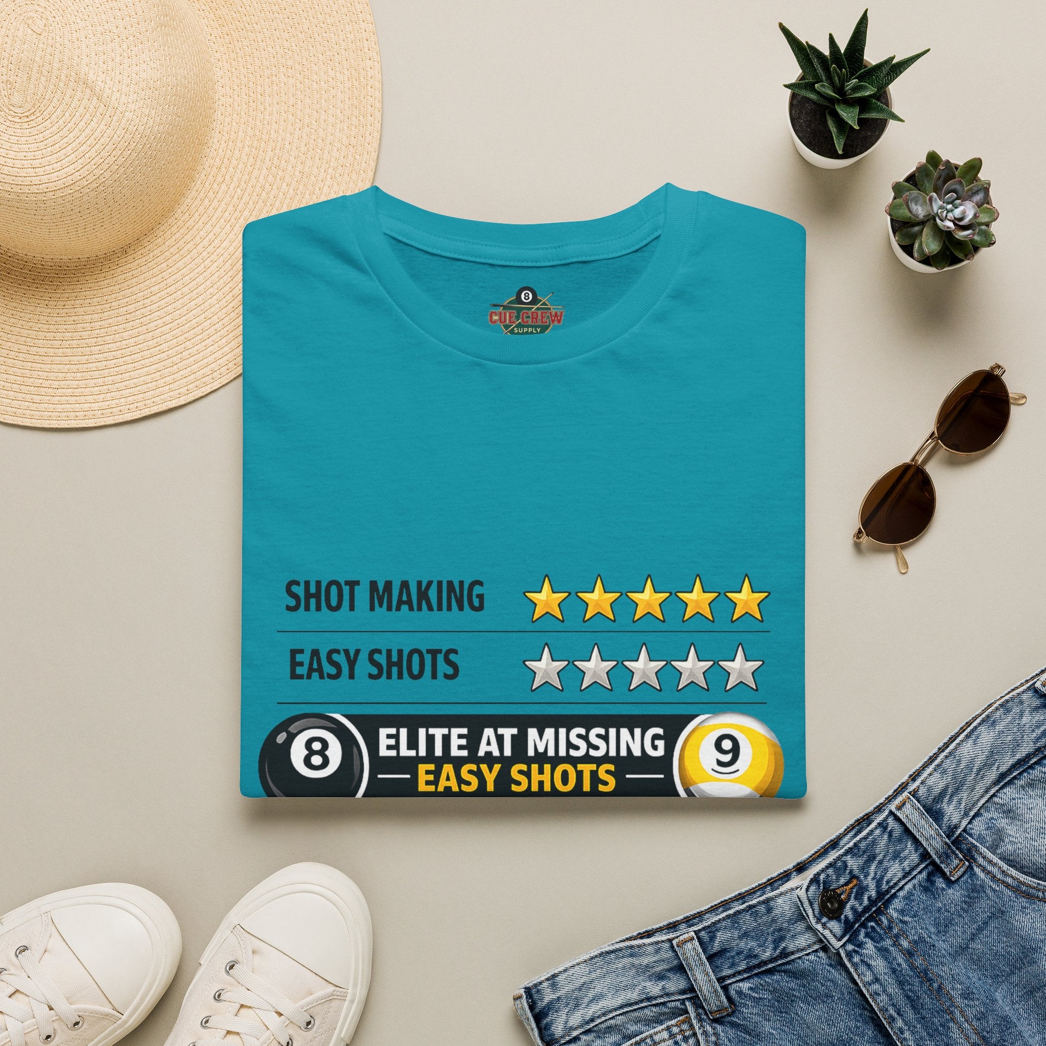 Elite At Missing Easy Shots Funny Billiards T-Shirt | 8 Ball & 9 Ball Graphic Unisex Tee | Front Print Only