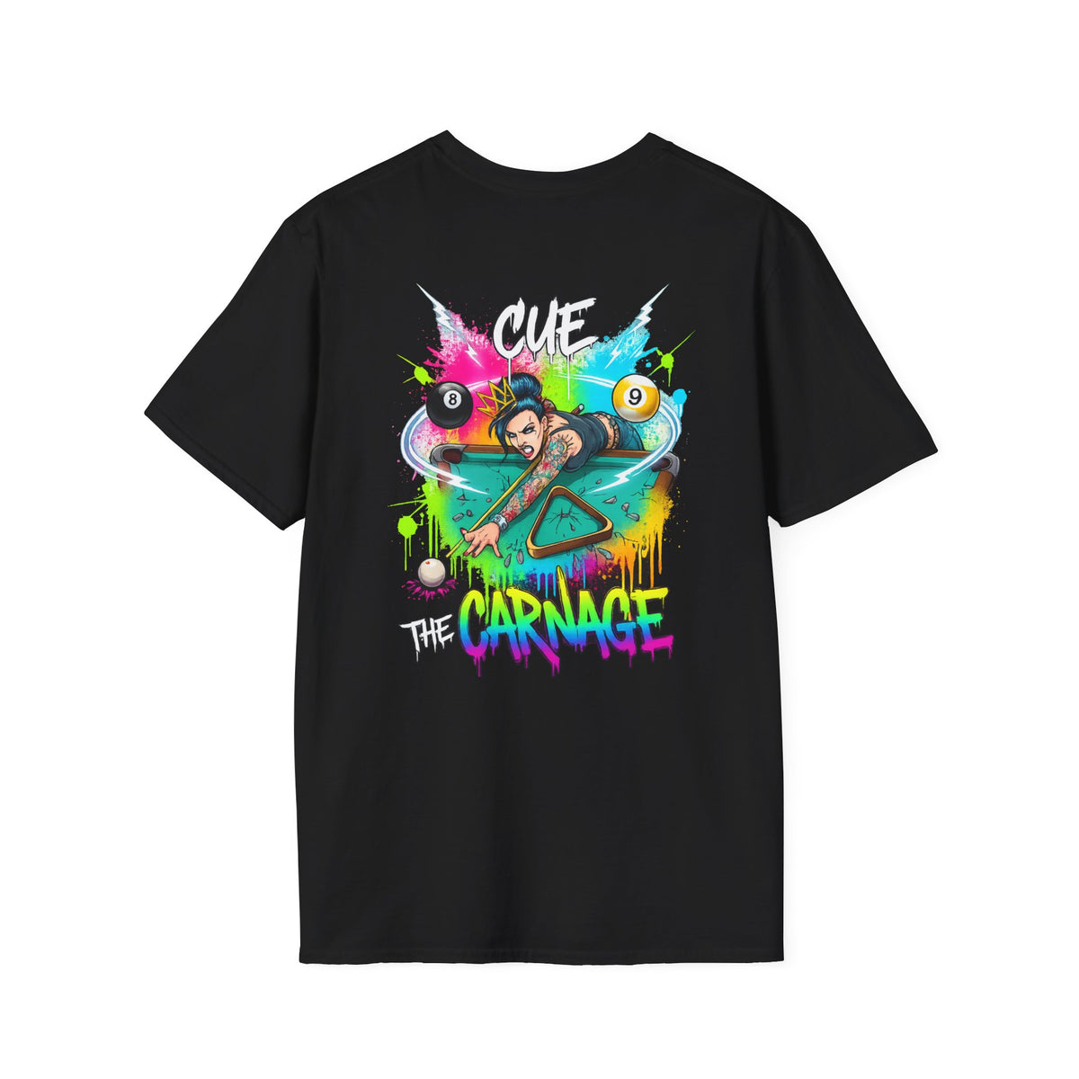 Cue the Carnage Funny Billiards T-Shirt – Tattooed Pool Shark Graphic Tee | Front & Back Print