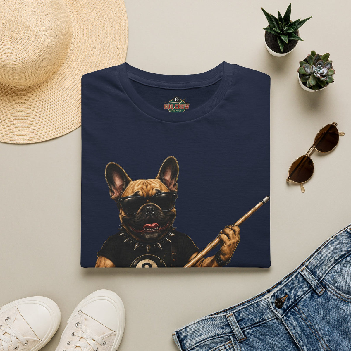 Rockin' French Bulldog Playing Cue Guitar Funny Billiards T-Shirt | Pool Dog Graphic Front Print Unisex Tee