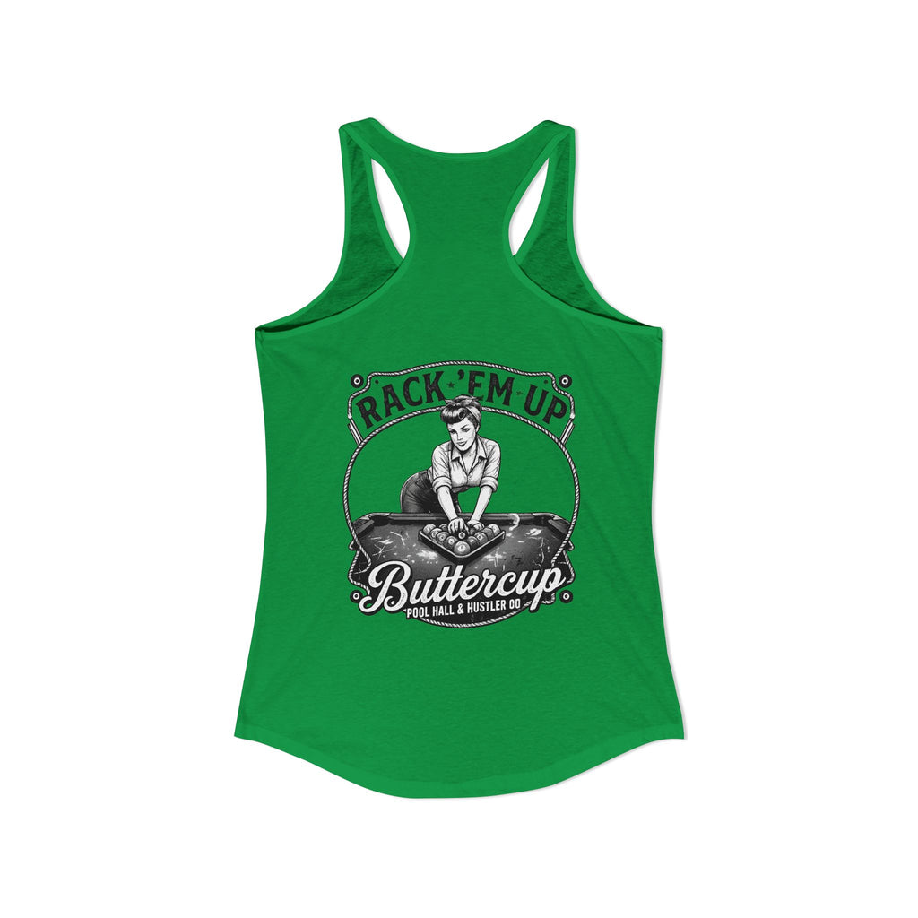 Rack 'Em Up Buttercup Women's Racerback Tank Top | Vintage Pool Hall Billiards Graphic Tank | Cue Crew Supply
