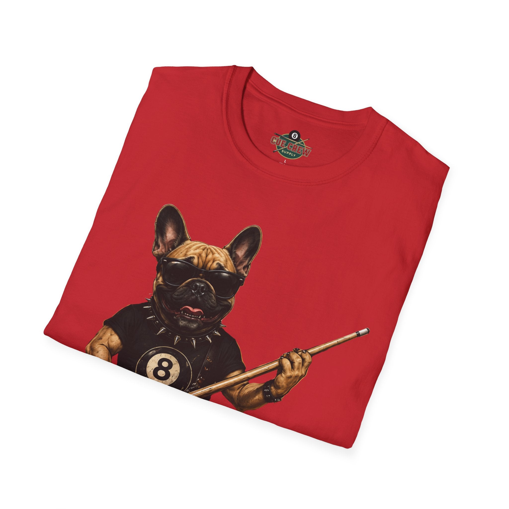 Rockin' French Bulldog Playing Cue Guitar Funny Billiards T-Shirt | Pool Dog Graphic Front Print Unisex Tee