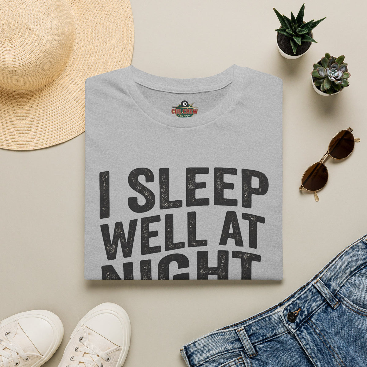 I Sleep Well at Night Funny Billiards T-Shirt – Pool Player 8 Ball Graphic Tee