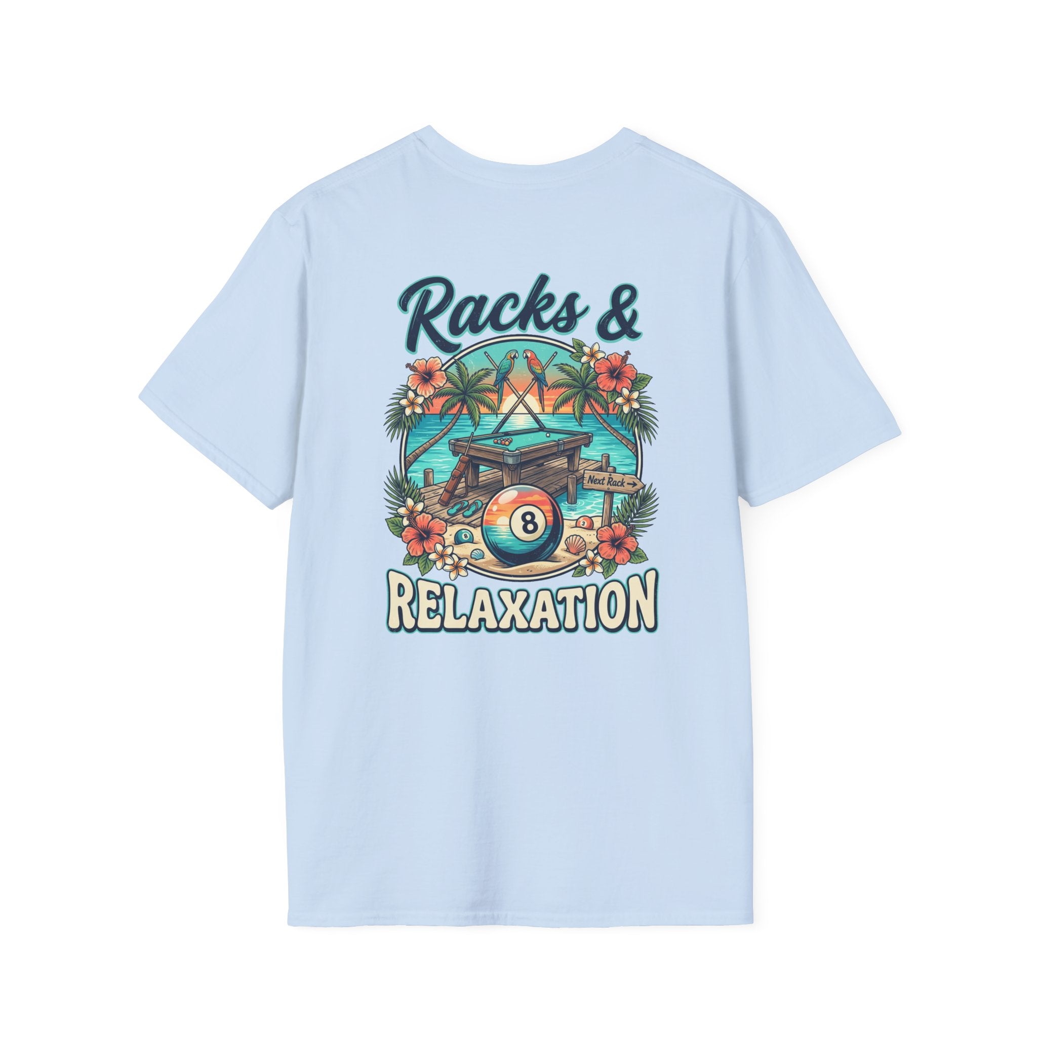 Racks & Relaxation Tropical Billiards T-Shirt | Beach Pool Player Graphic Tee | Front & Back Print