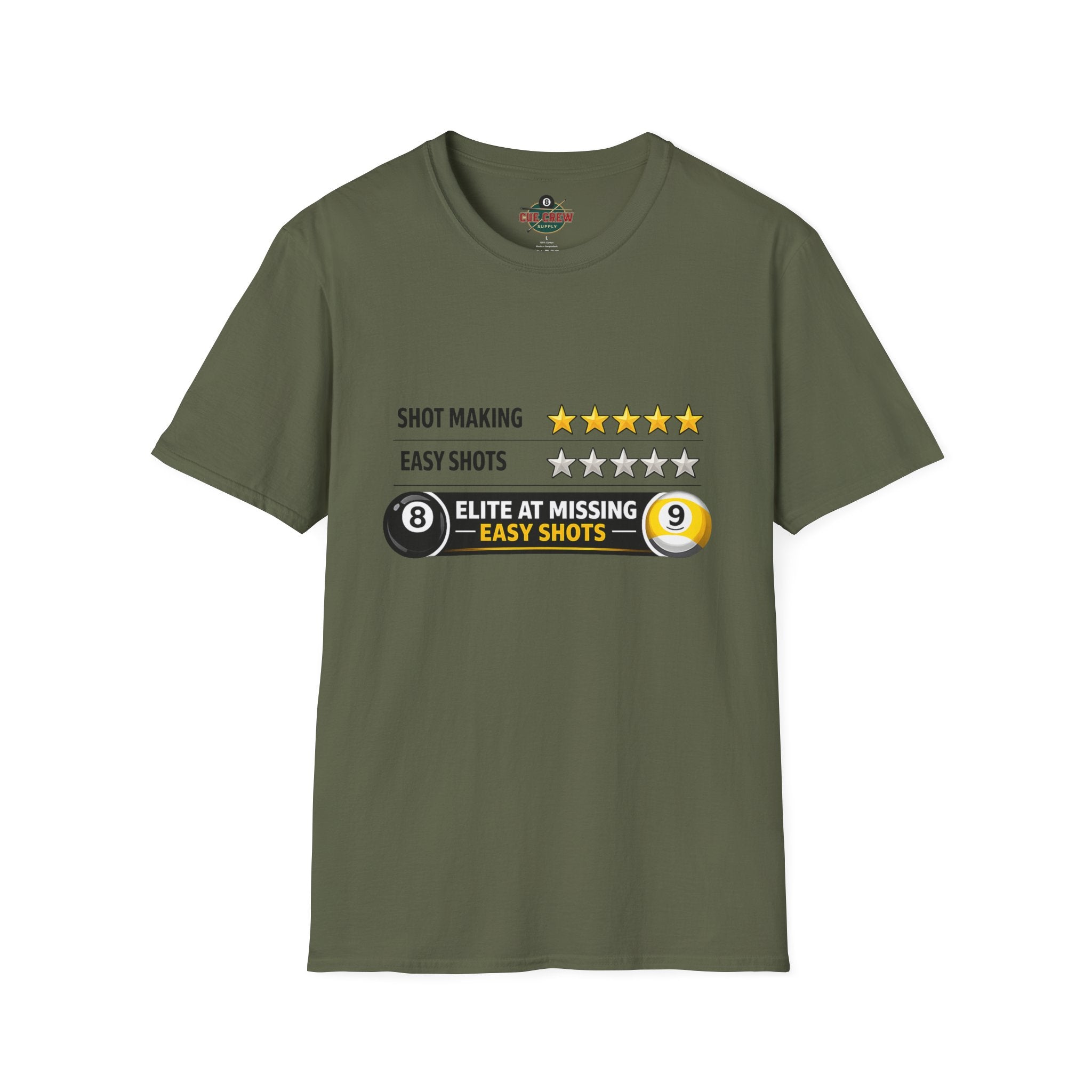 Elite At Missing Easy Shots Funny Billiards T-Shirt | 8 Ball & 9 Ball Graphic Unisex Tee | Front Print Only