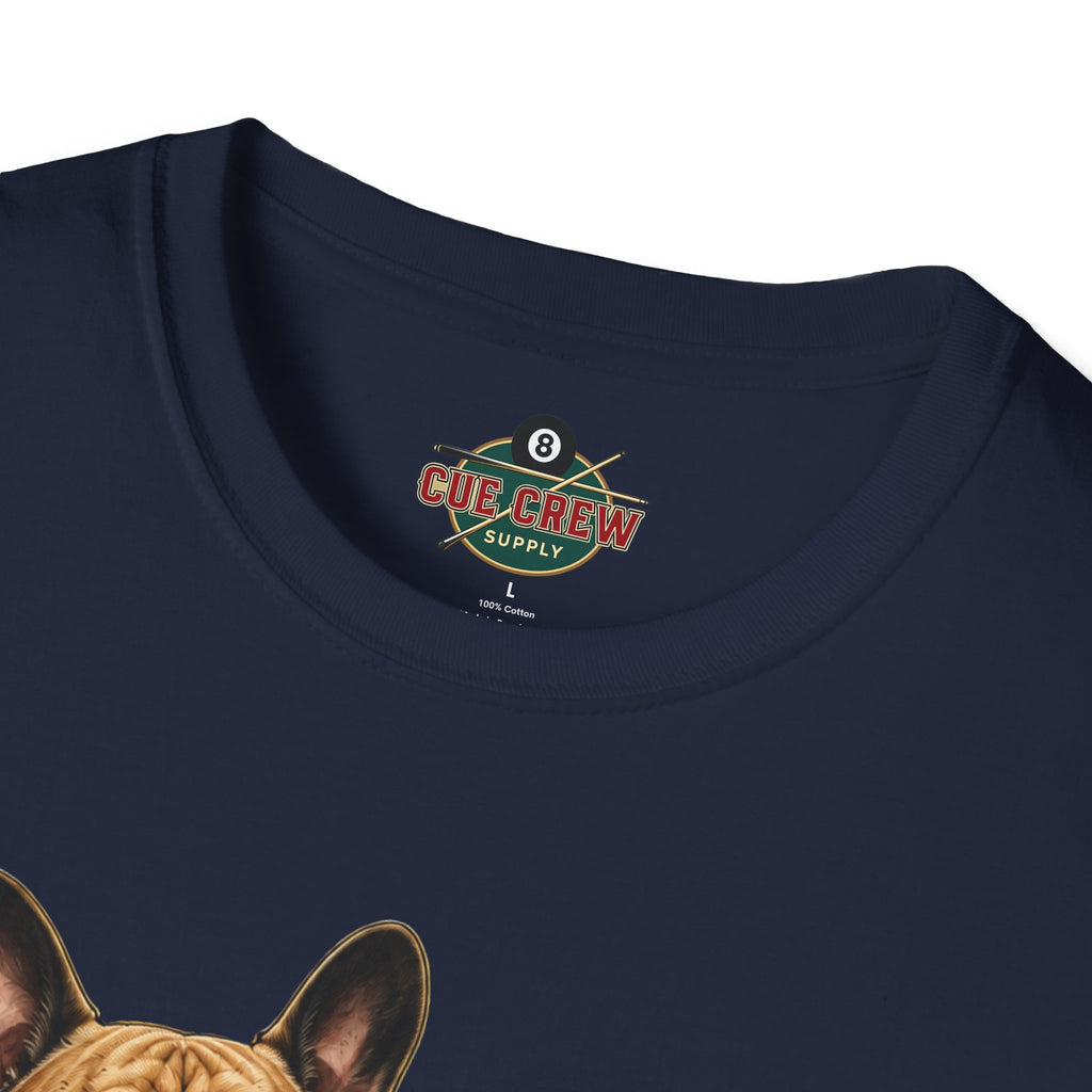 Rockin' French Bulldog Playing Cue Guitar Funny Billiards T-Shirt | Pool Dog Graphic Front Print Unisex Tee