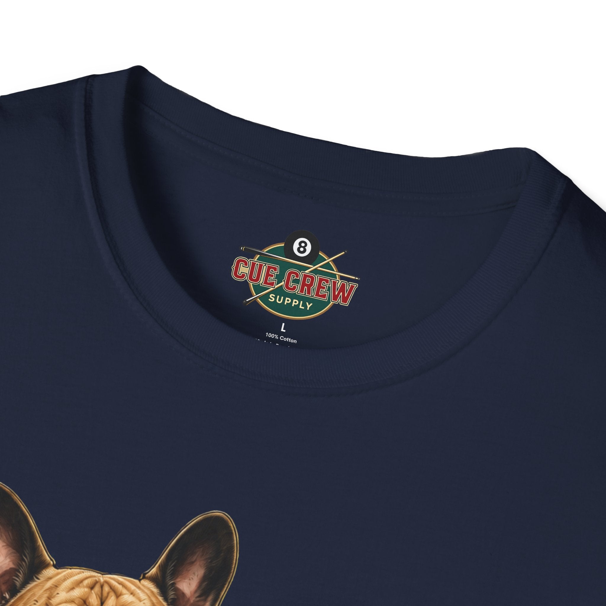 Rockin' French Bulldog Playing Cue Guitar Funny Billiards T-Shirt | Pool Dog Graphic Front Print Unisex Tee
