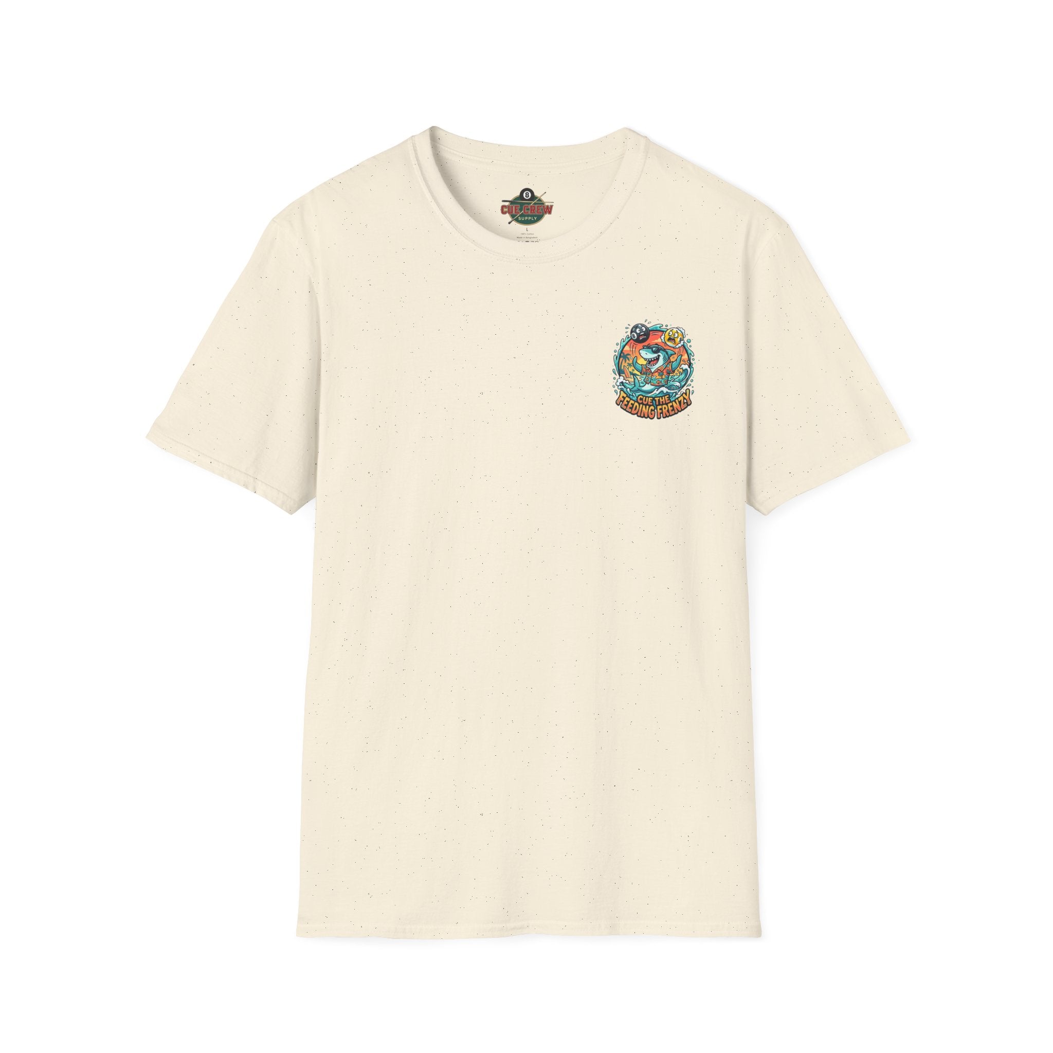 Cue the Feeding Frenzy Shark Billiards T-Shirt | Tropical Pool Player Graphic Tee | Front & Back Print