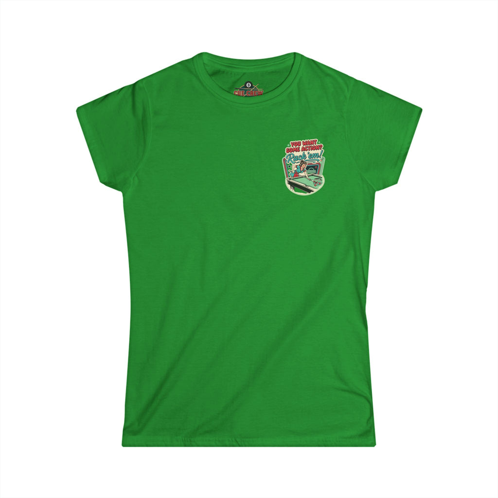 You Want Some Action? Rack ’Em Women’s Billiards T-Shirt – Retro Pool Player Graphic Tee