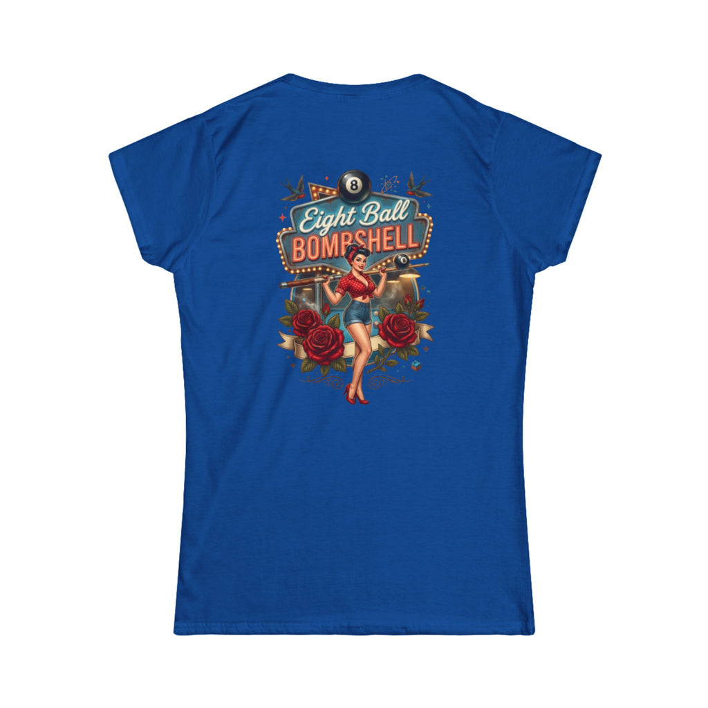 Eight Ball Bombshell V2 Women's Billiards T-Shirt | Retro Pin-Up Pool Player Graphic Tee | Front & Back Print