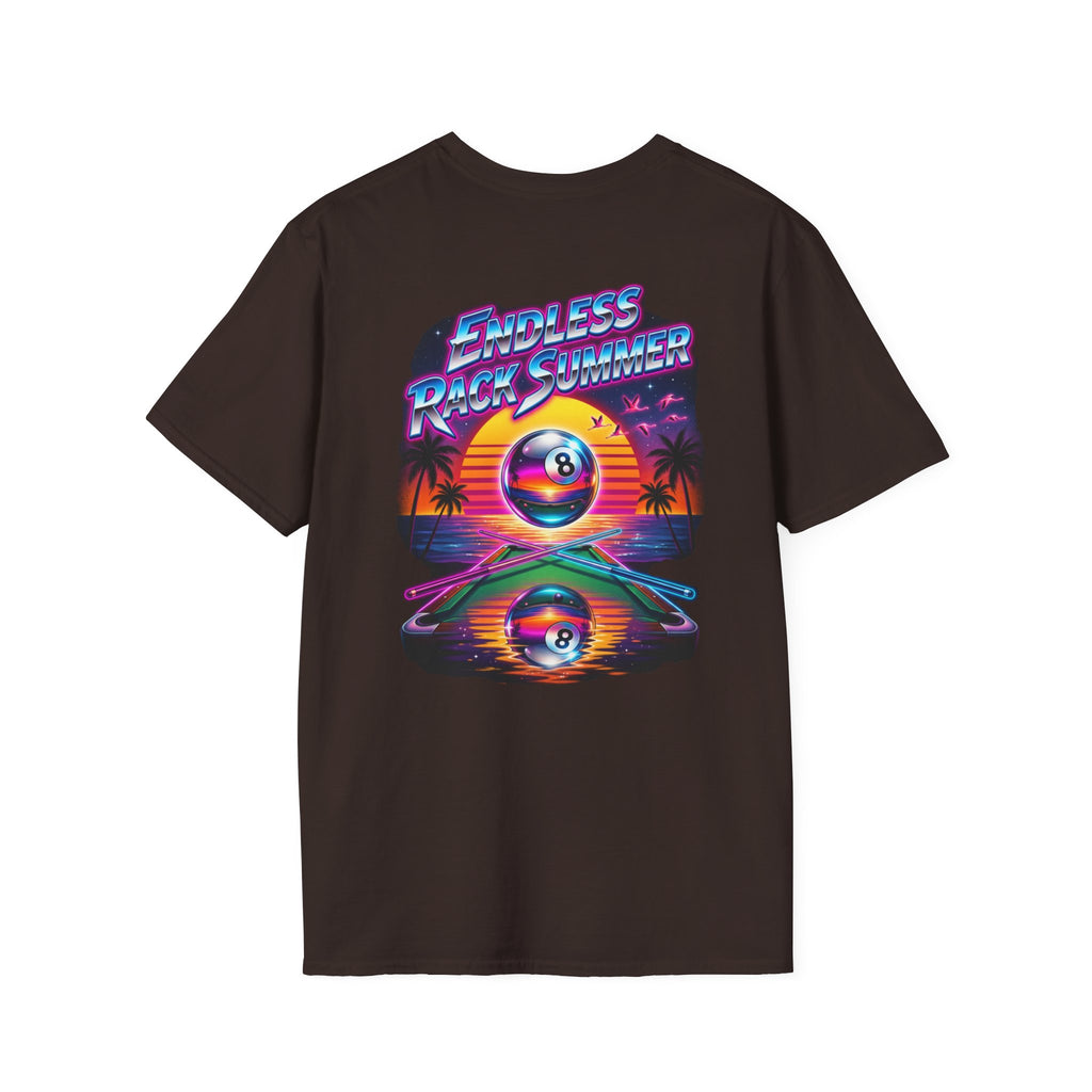 Endless Rack Summer Retro Sunset Billiards T-Shirt | Tropical 8 Ball Pool Player Graphic Tee | Front & Back Print