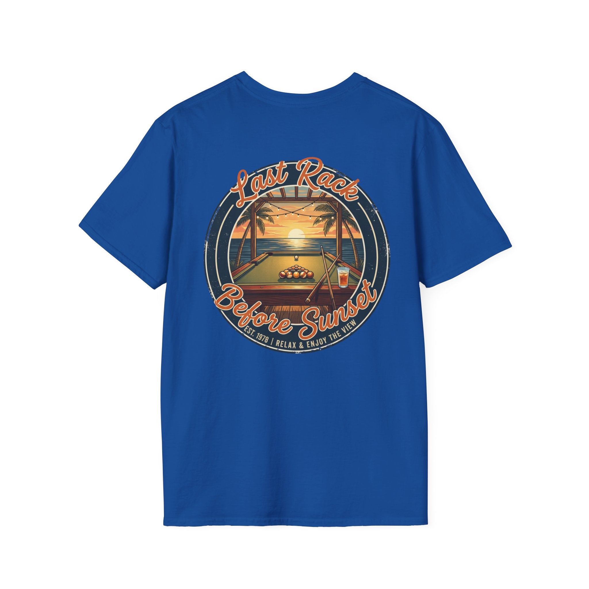 Last Rack Before Sunset Billiards T-Shirt | Tropical Pool Player Beach Graphic Tee | Front & Back Print