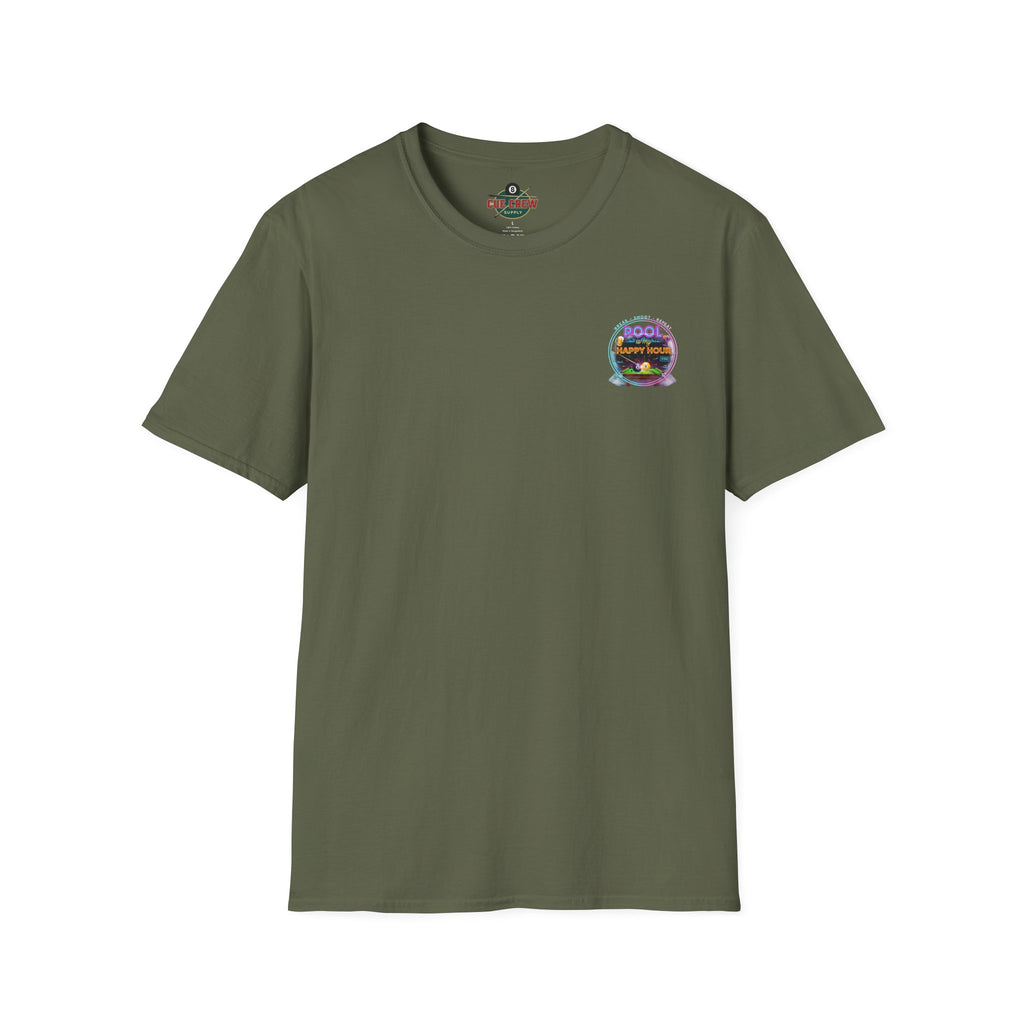 Pool Is My Happy Hour Funny Billiards T-Shirt | Neon Pool Hall Graphic Tee | Front & Back Print