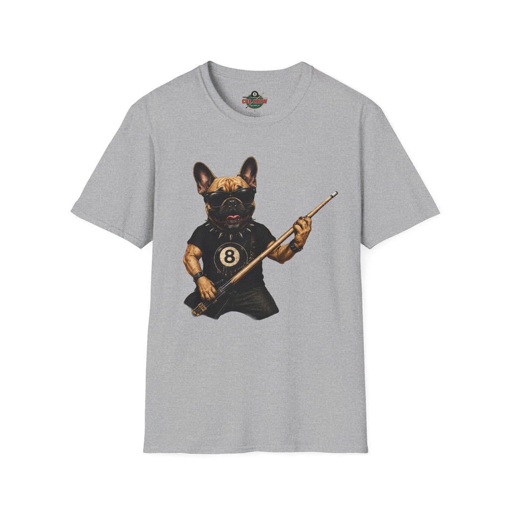 Rockin' French Bulldog Playing Cue Guitar Funny Billiards T-Shirt | Pool Dog Graphic Front Print Unisex Tee