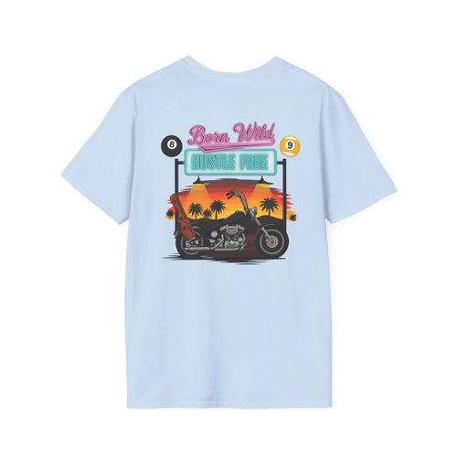 Born Wild, Hustle Free Biker Billiards T-Shirt – Funny Pool Player Motorcycle Graphic Tee | Front & Back Print