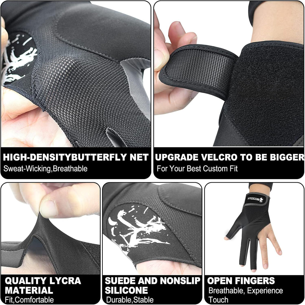 Billiard Pool Gloves for Left Hand 3 Finger, Splicing Process, Snooker Cue Sport Glove Popular Sizes for Men & Women