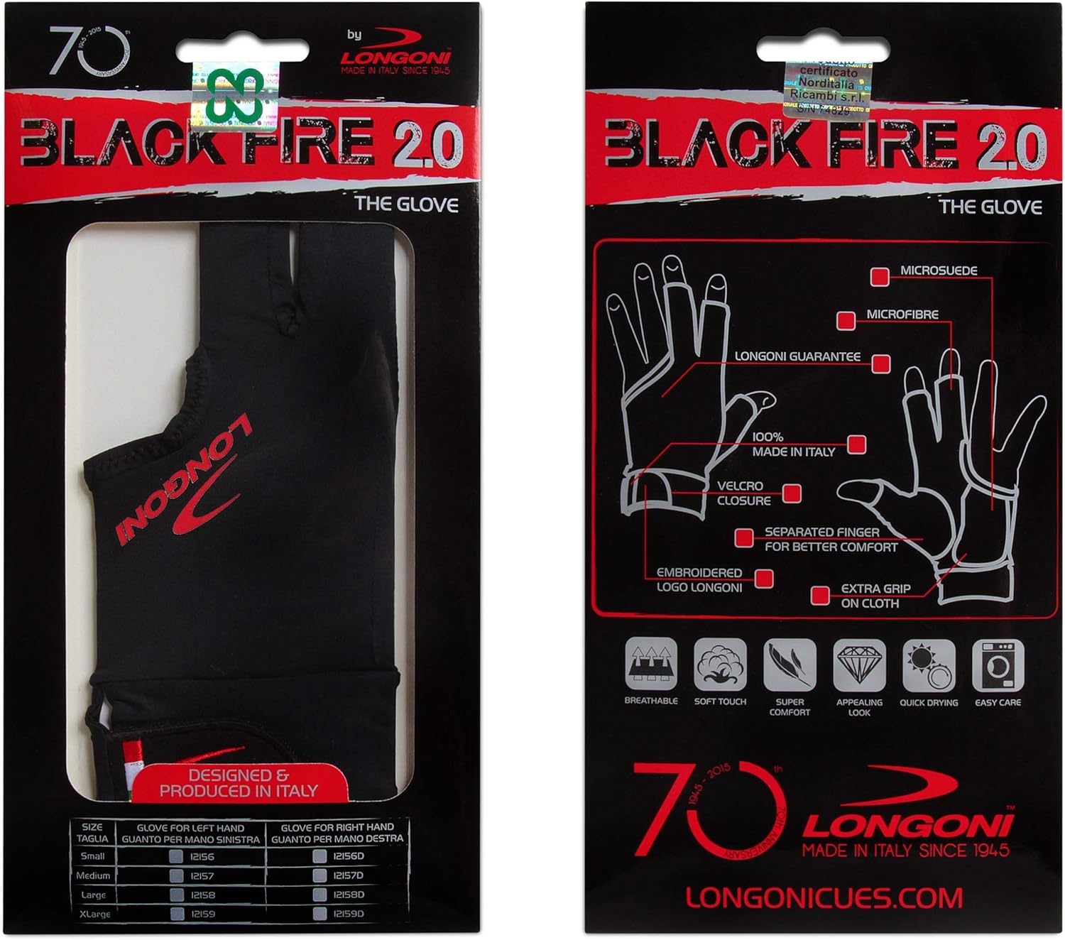 Longoni Black Fire 2.0 Billiard Pool CUE Glove - for Left or Right Hand - Black