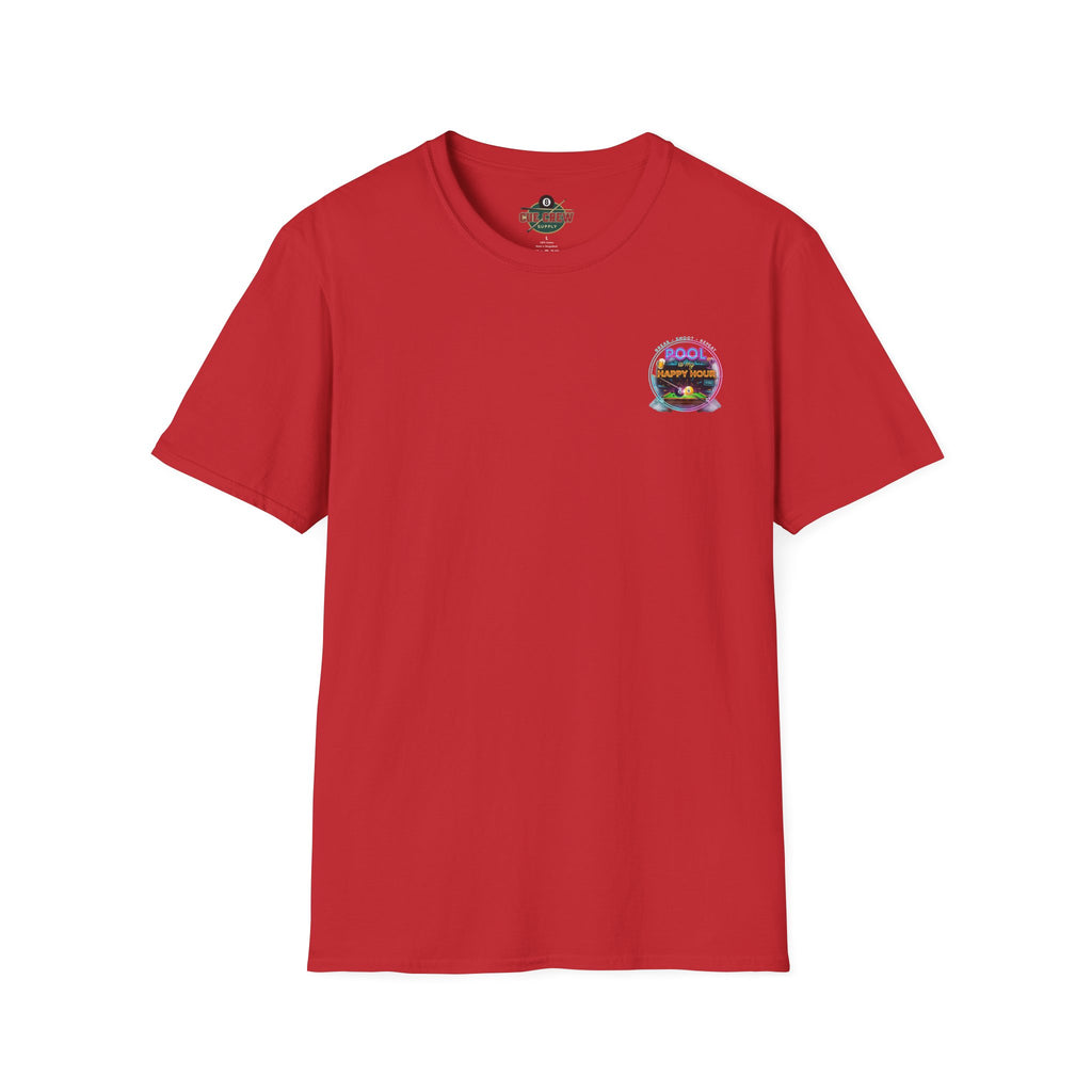 Pool Is My Happy Hour Funny Billiards T-Shirt | Neon Pool Hall Graphic Tee | Front & Back Print