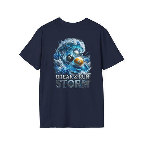 Break & Run Storm Billiards T-Shirt | Ocean Wave Pool Player Graphic Tee | Front & Back Print