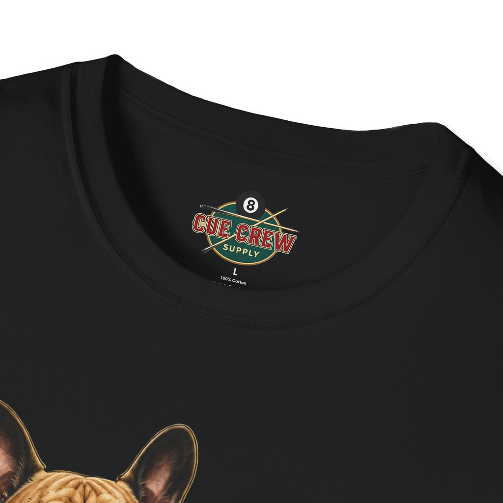 Rockin' French Bulldog Playing Cue Guitar Funny Billiards T-Shirt | Pool Dog Graphic Front Print Unisex Tee