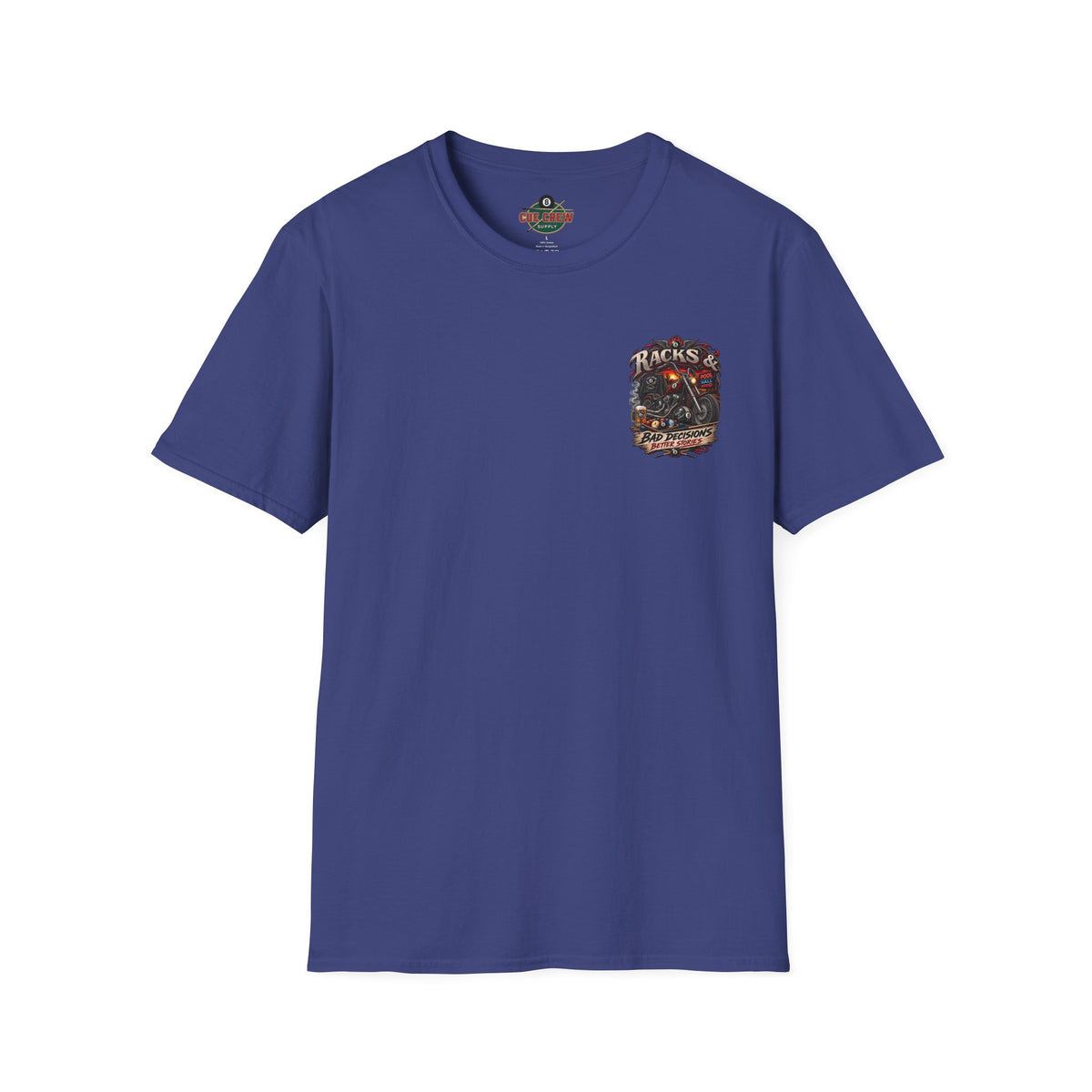 Racks & Bad Decisions Better Stories – Biker Billiards T-Shirt – Front & Back Pool Tee