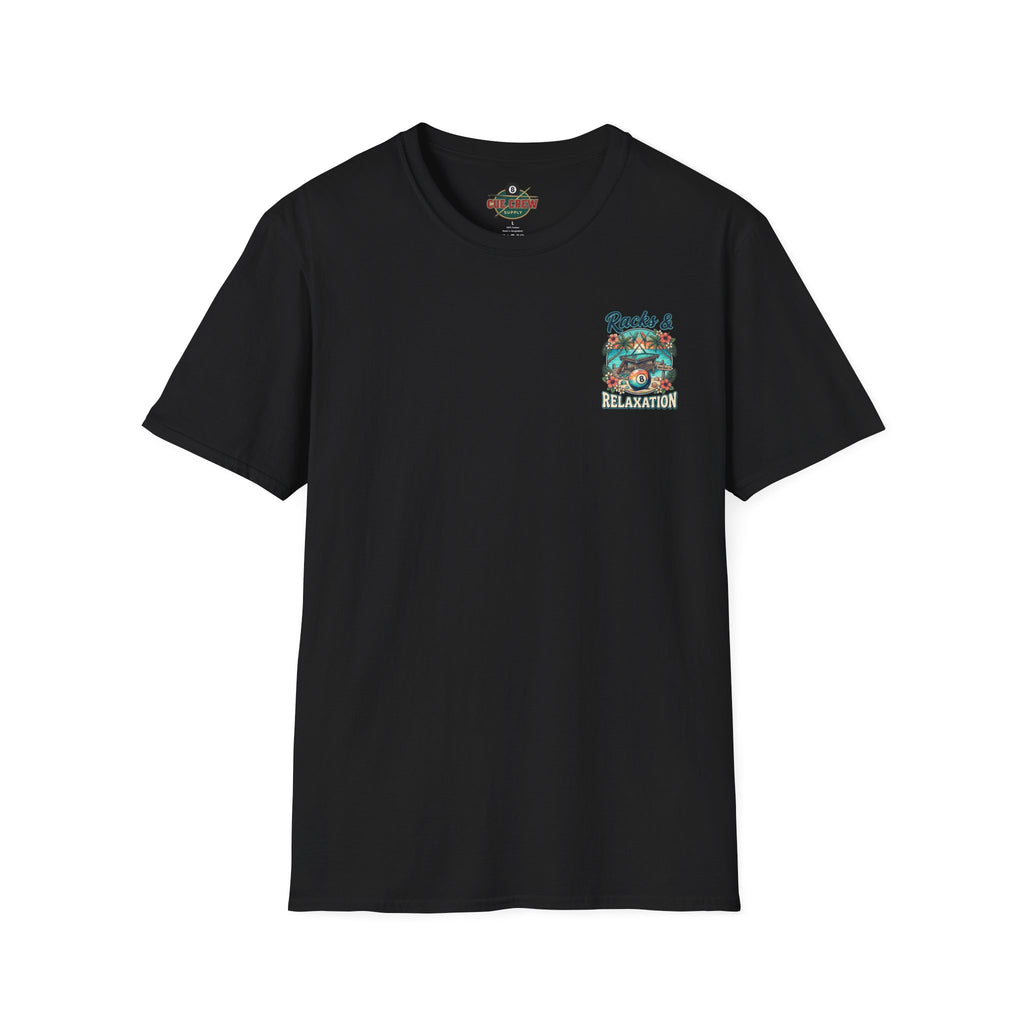 Racks & Relaxation Tropical Billiards T-Shirt | Beach Pool Player Graphic Tee | Front & Back Print