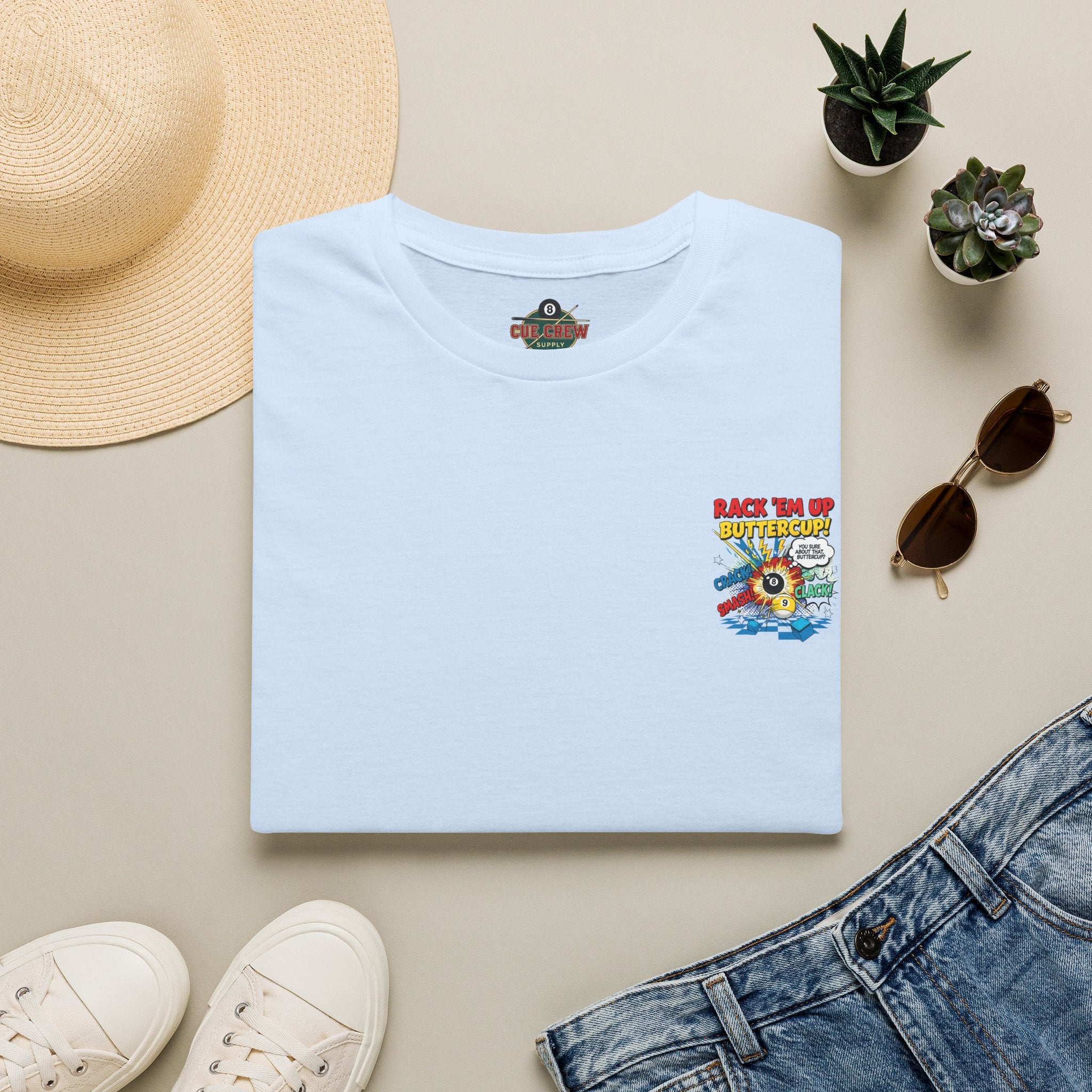 Rack 'Em Up Buttercup! Funny Billiards T-Shirt | Comic Pool Player Graphic Tee | Front & Back Print