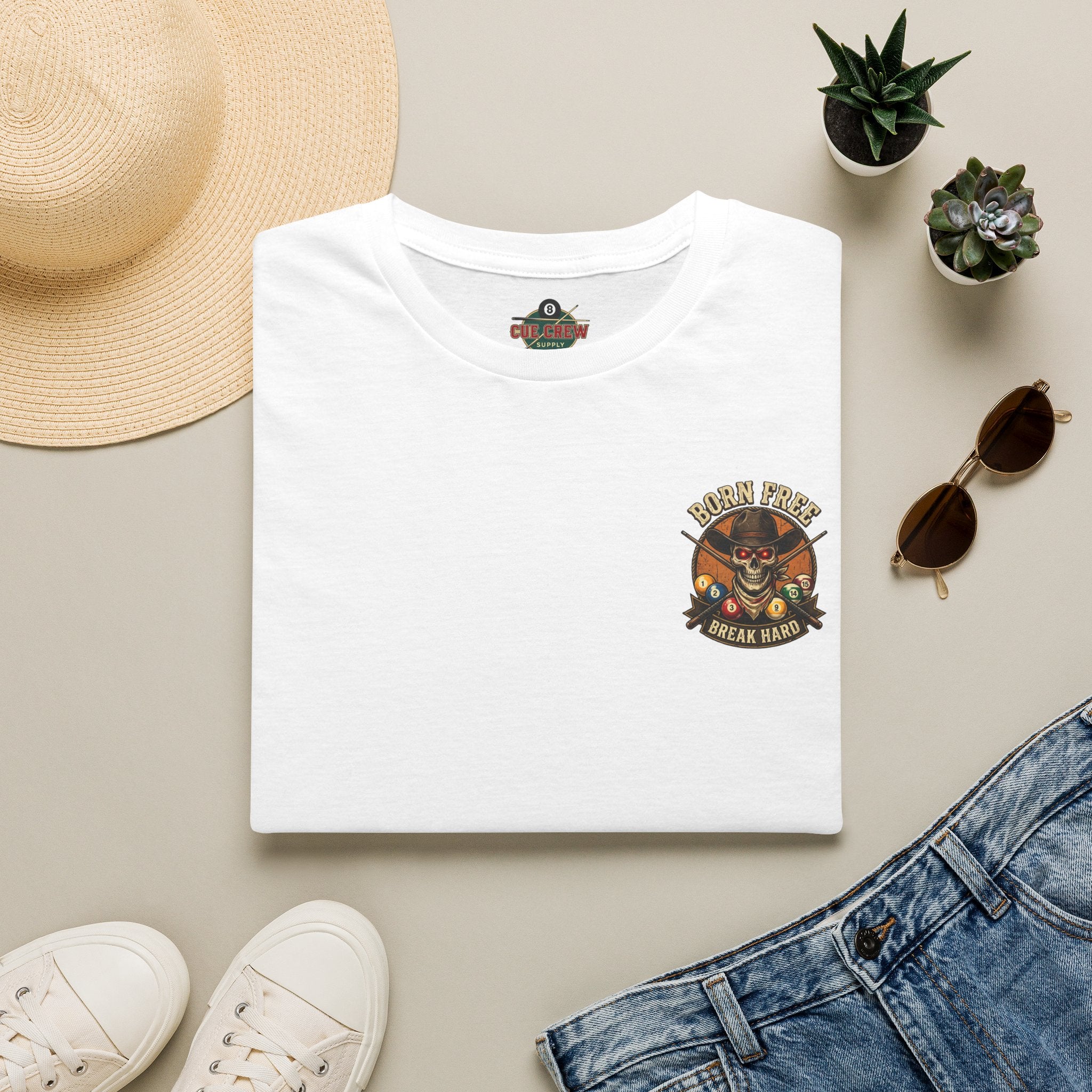 Born Free Break Hard Cowboy Skull Billiards T-Shirt | Western Pool Player Graphic Tee | Front & Back Print