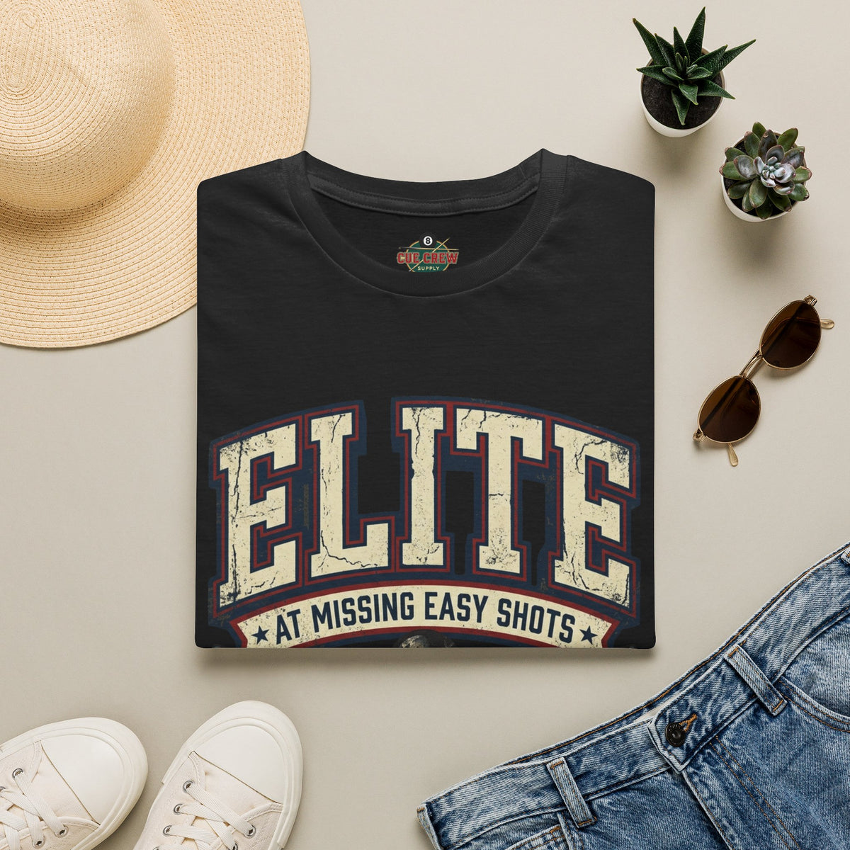 Elite at Missing Easy Shots V2 Funny Billiards T-Shirt | Vintage 8 Ball Pool Player Graphic Unisex Tee