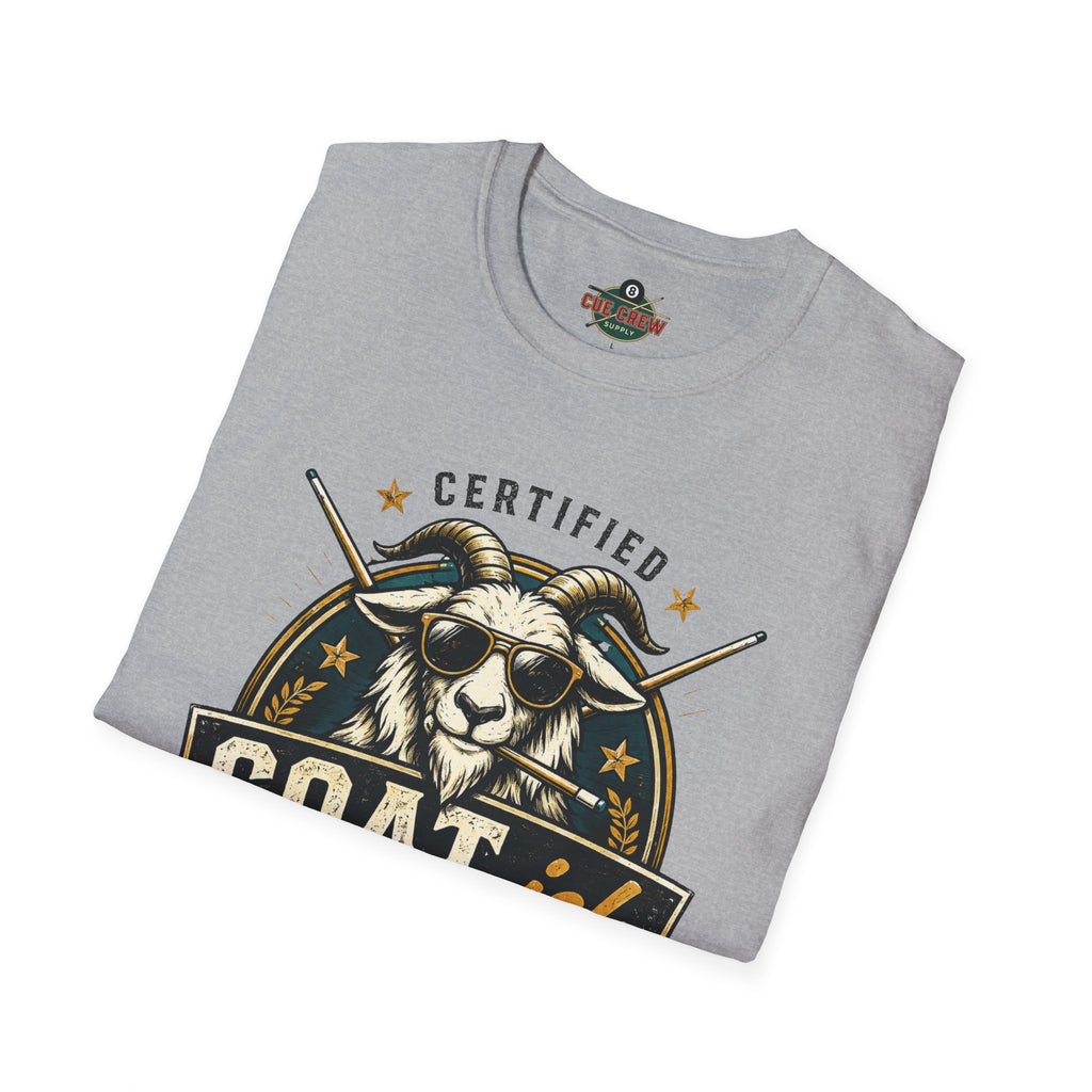 Certified GOAT-ish Funny Billiards T-Shirt | Pool Player Graphic Unisex Tee | 8 Ball Goat Design - Front Only