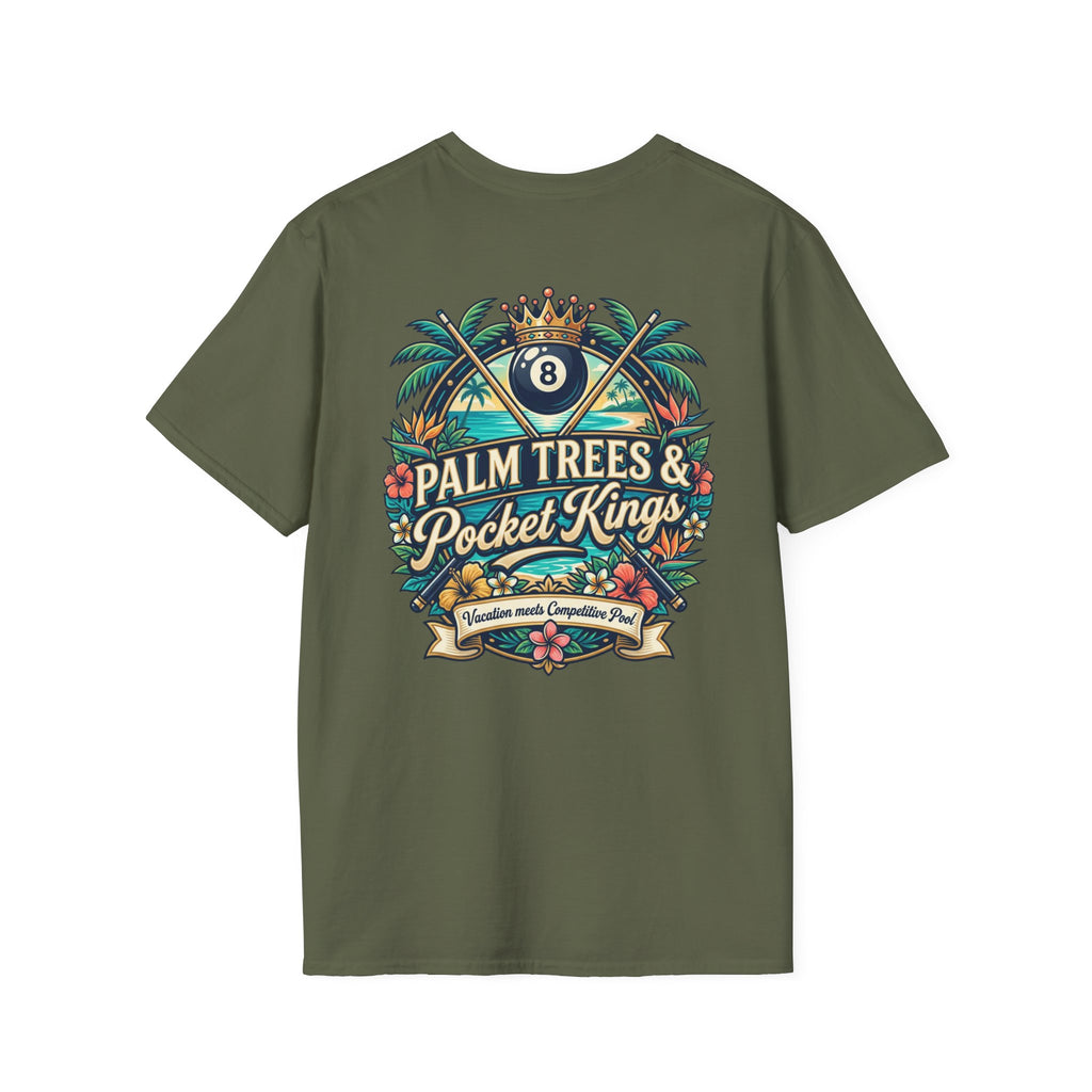 Palm Trees & Pocket Kings Billiards T-Shirt | Tropical Pool Player Graphic Tee | Vacation Pool Hall Shirt | Front & Back Print