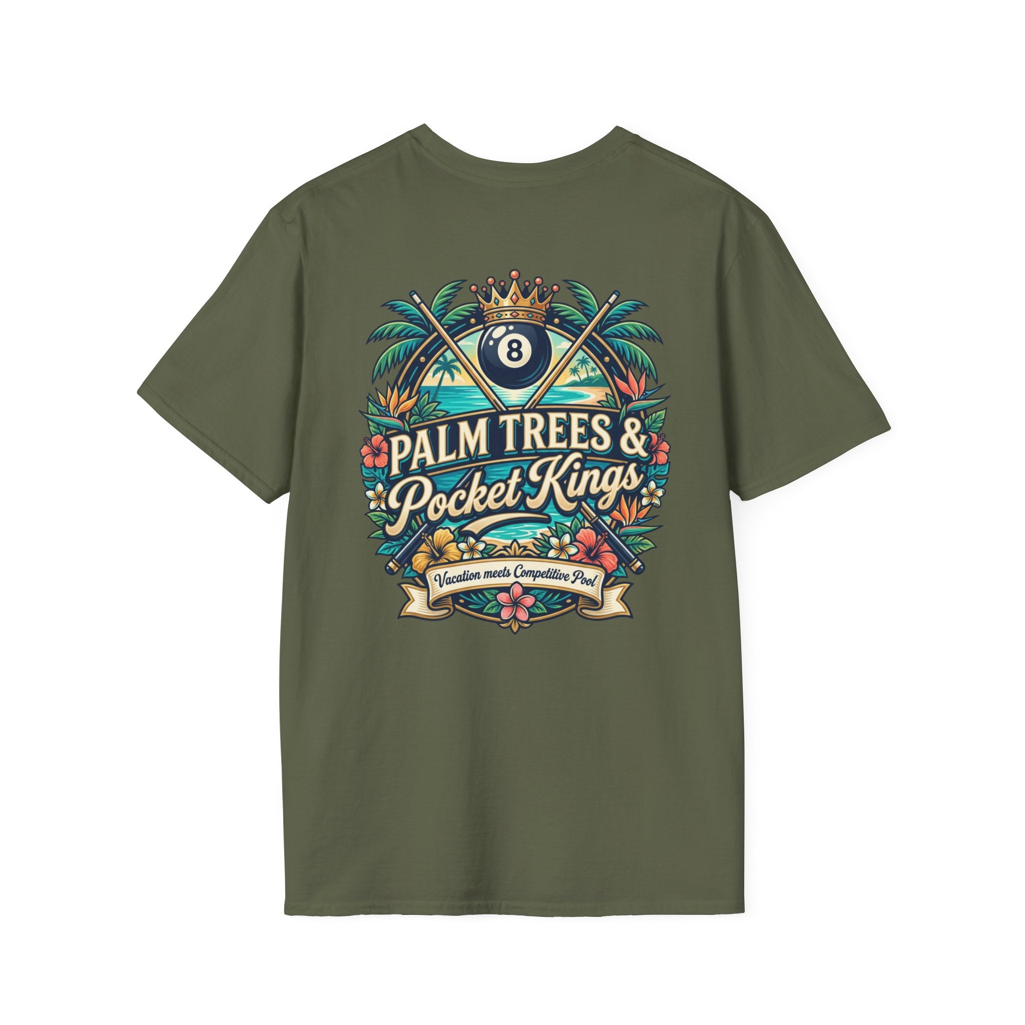 Palm Trees & Pocket Kings Billiards T-Shirt | Tropical Pool Player Graphic Tee | Vacation Pool Hall Shirt | Front & Back Print