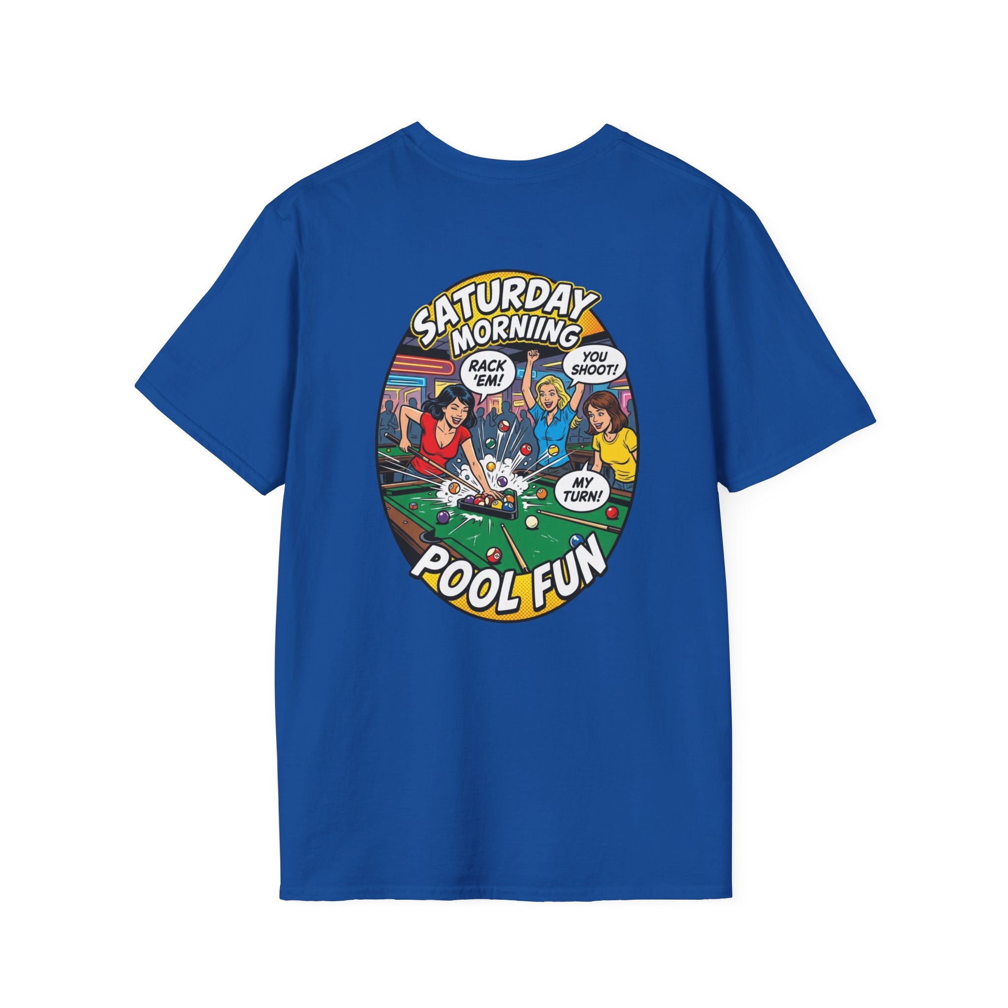 Saturday Morning Pool Fun Retro Comic Billiards T-Shirt | Funny Pool Player Graphic Tee | Front & Back Print