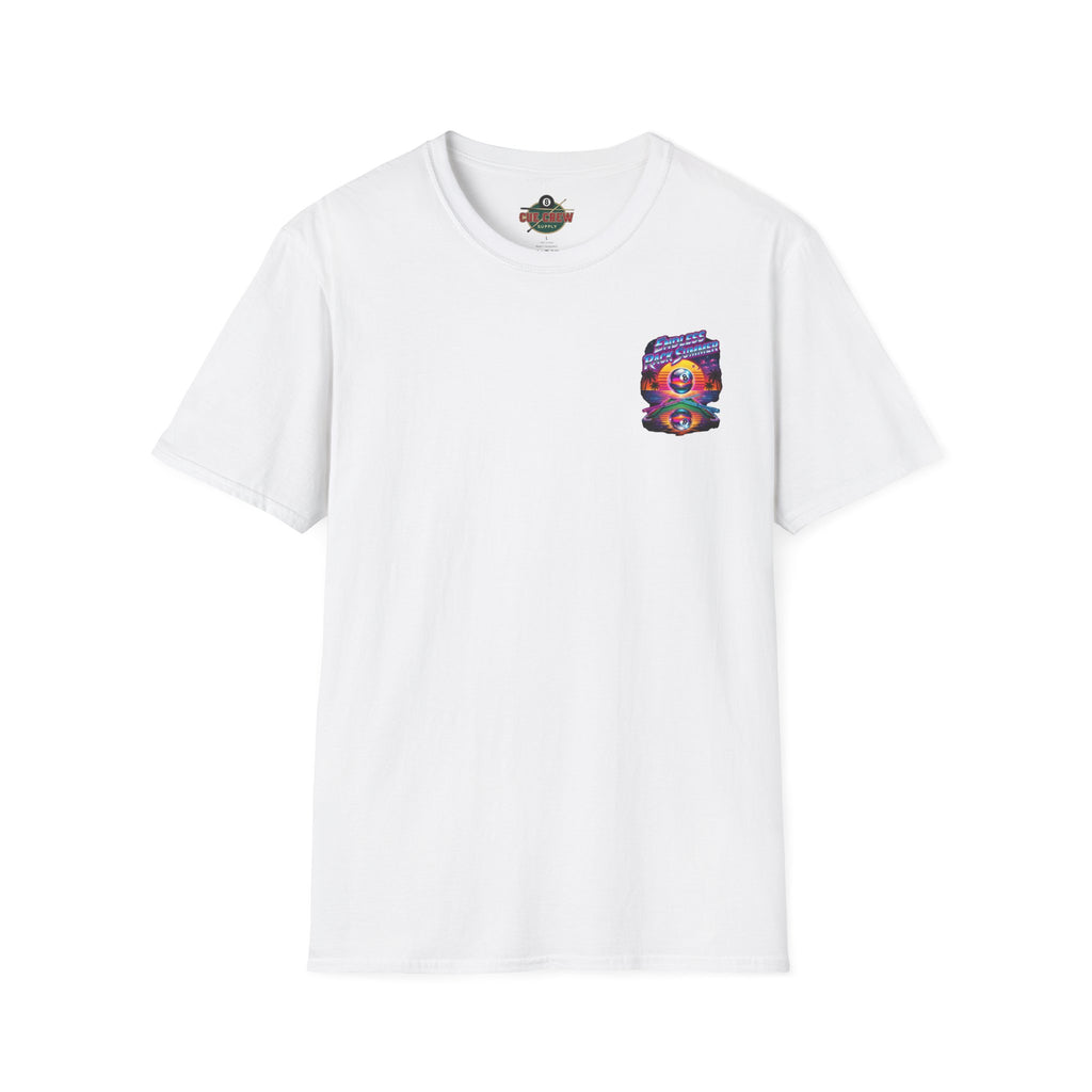 Endless Rack Summer Retro Sunset Billiards T-Shirt | Tropical 8 Ball Pool Player Graphic Tee | Front & Back Print