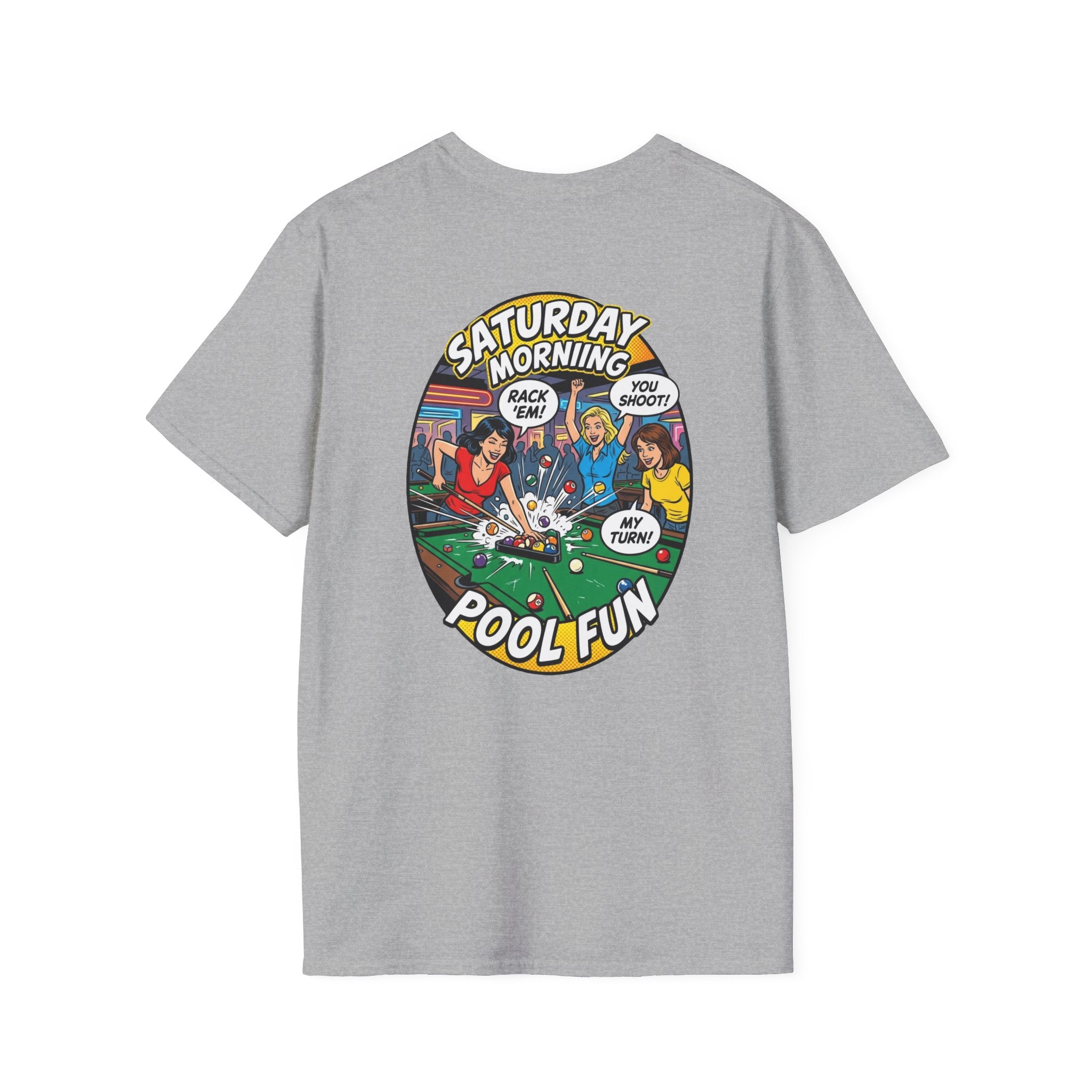 Saturday Morning Pool Fun Retro Comic Billiards T-Shirt | Funny Pool Player Graphic Tee | Front & Back Print