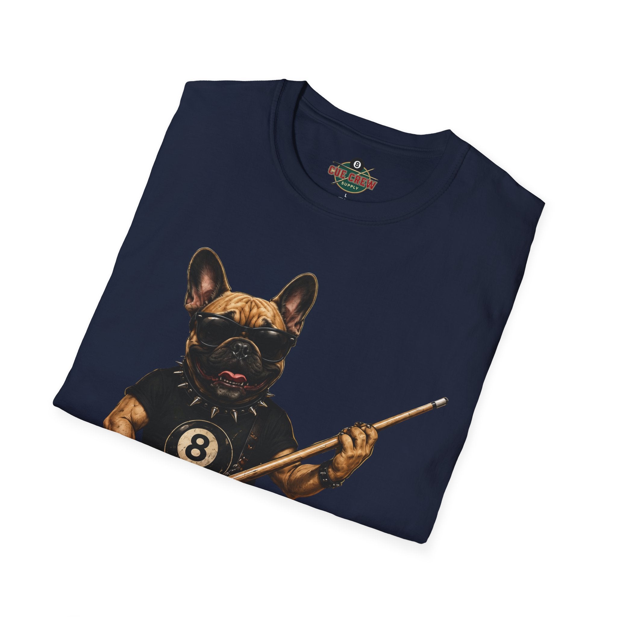 Rockin' French Bulldog Playing Cue Guitar Funny Billiards T-Shirt | Pool Dog Graphic Front Print Unisex Tee