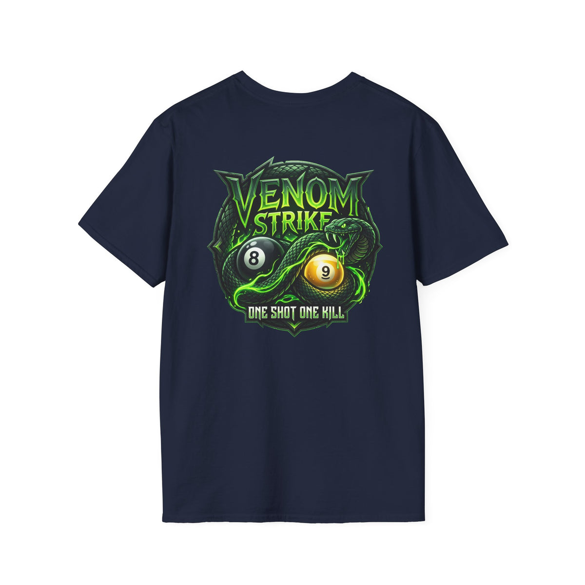 Venom Strike Snake Billiards T-Shirt | One Shot One Kill Pool Player Graphic Tee | Front & Back Print