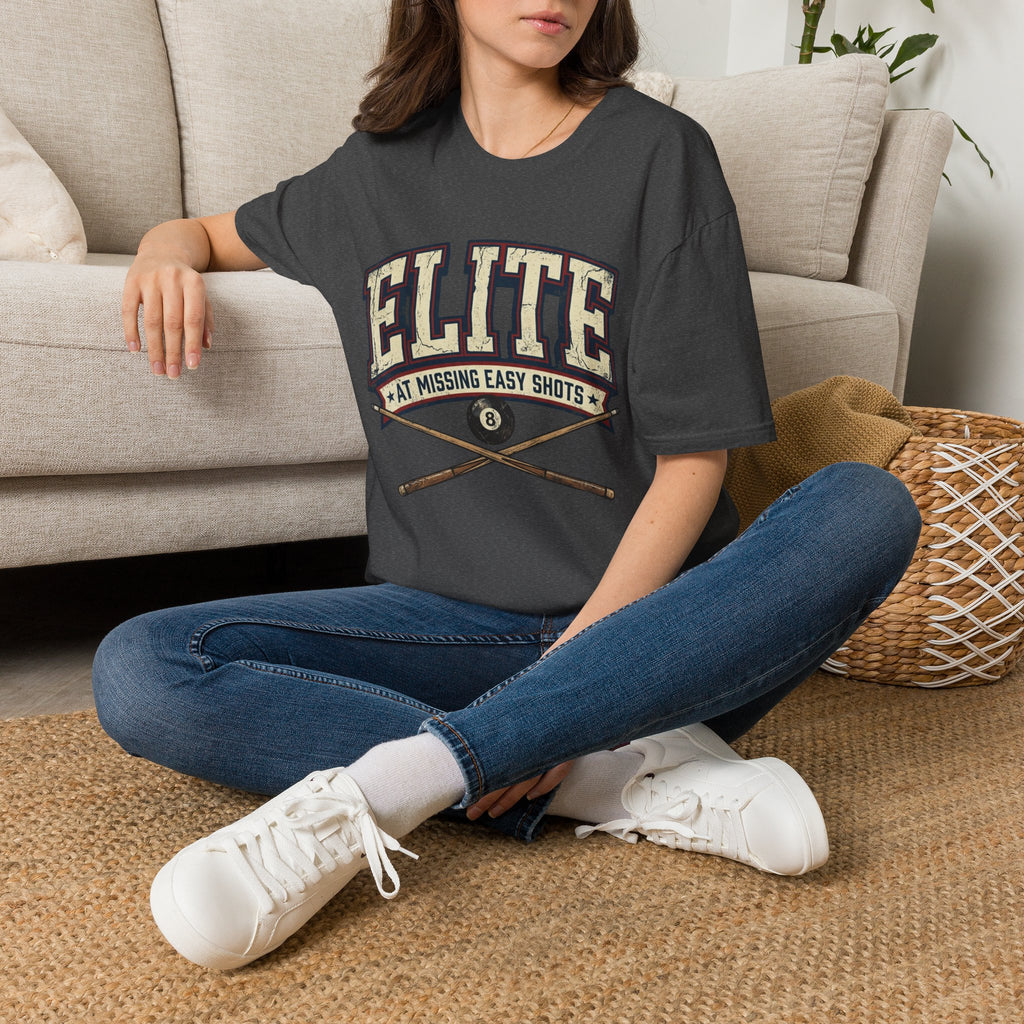 Elite at Missing Easy Shots V2 Funny Billiards T-Shirt | Vintage 8 Ball Pool Player Graphic Unisex Tee