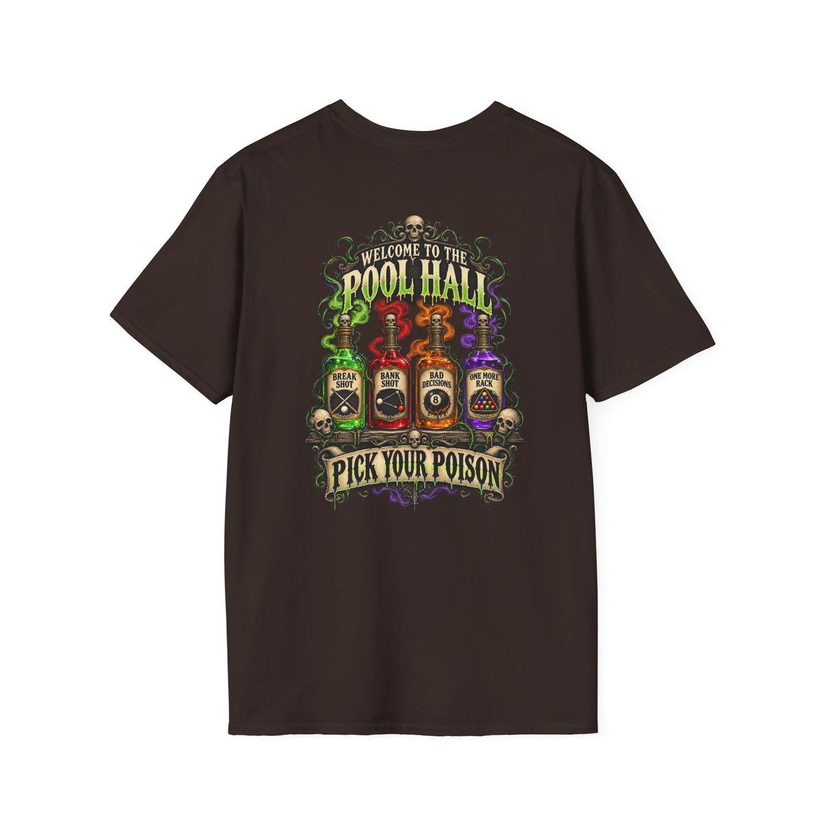 Pick Your Poison – Halloween Billiards T-Shirt – Front & Back Pool Tee | CCS-HST-003