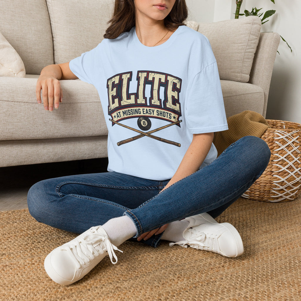 Elite at Missing Easy Shots V2 Funny Billiards T-Shirt | Vintage 8 Ball Pool Player Graphic Unisex Tee