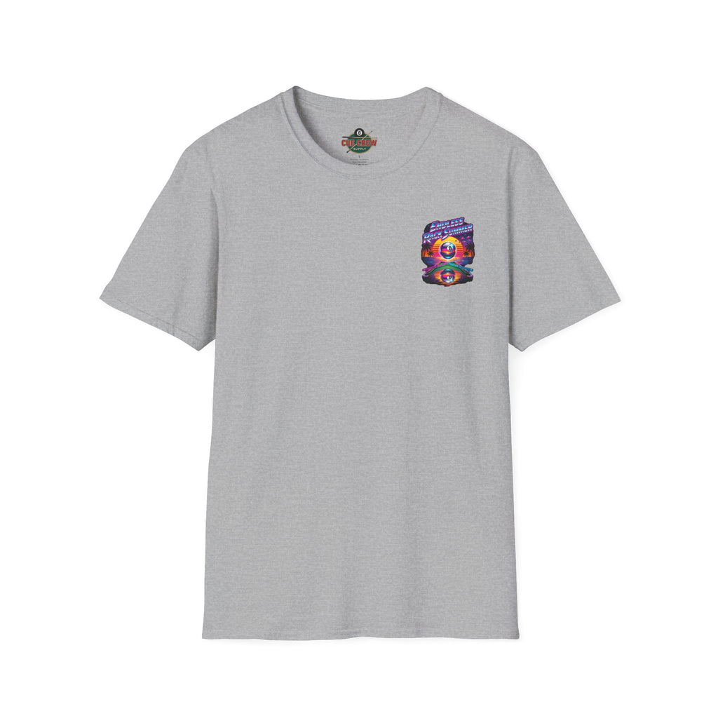 Endless Rack Summer Retro Sunset Billiards T-Shirt | Tropical 8 Ball Pool Player Graphic Tee | Front & Back Print