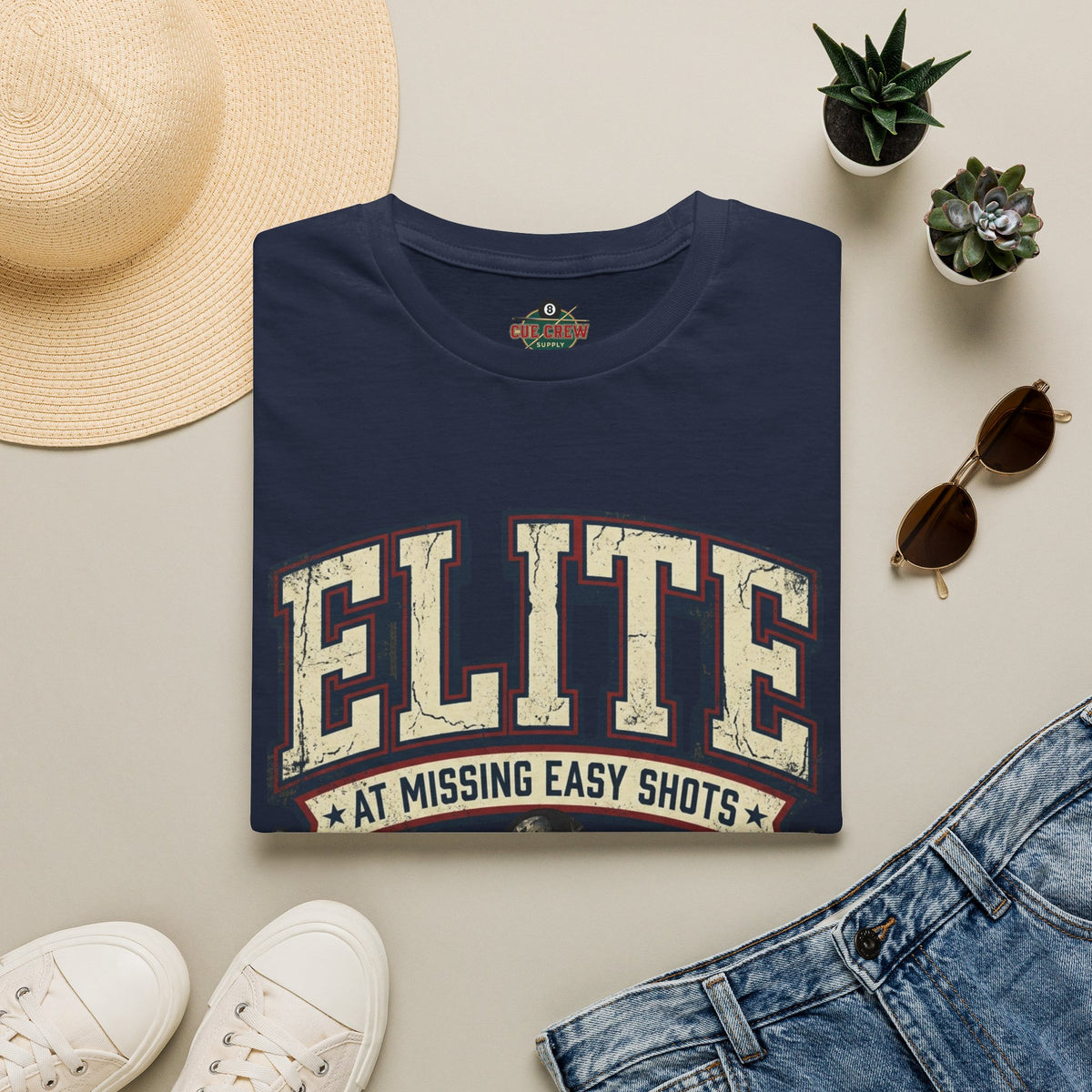Elite at Missing Easy Shots V2 Funny Billiards T-Shirt | Vintage 8 Ball Pool Player Graphic Unisex Tee