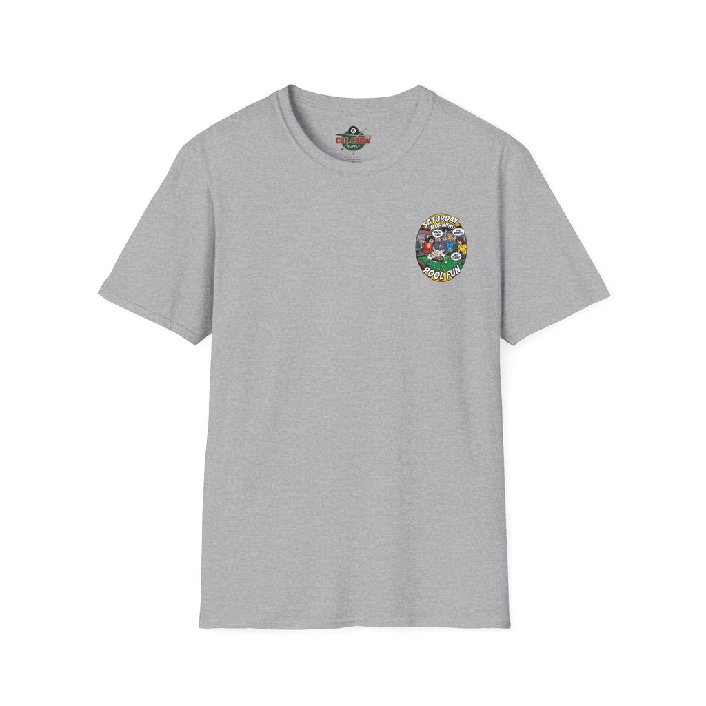 Saturday Morning Pool Fun Retro Comic Billiards T-Shirt | Funny Pool Player Graphic Tee | Front & Back Print