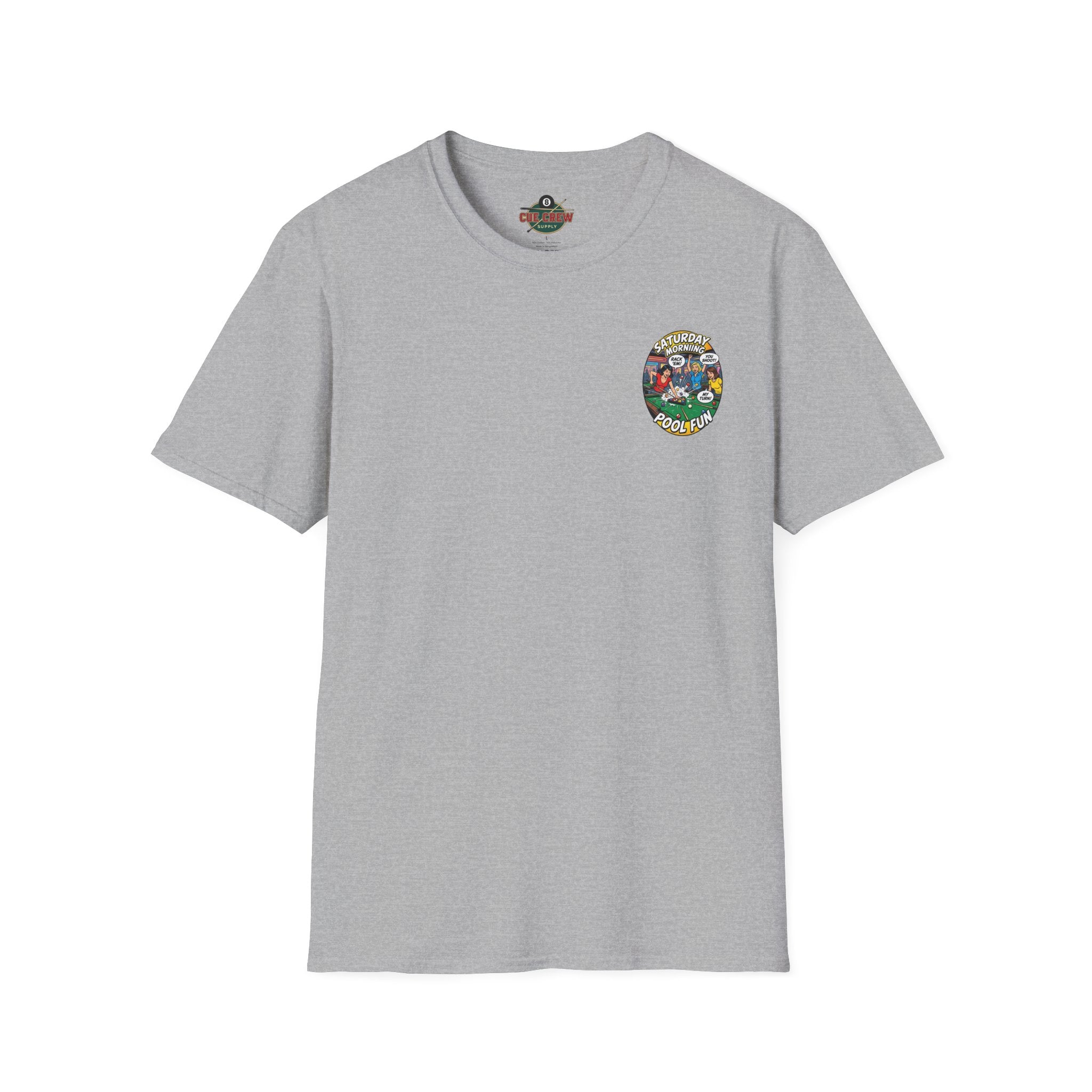 Saturday Morning Pool Fun Retro Comic Billiards T-Shirt | Funny Pool Player Graphic Tee | Front & Back Print