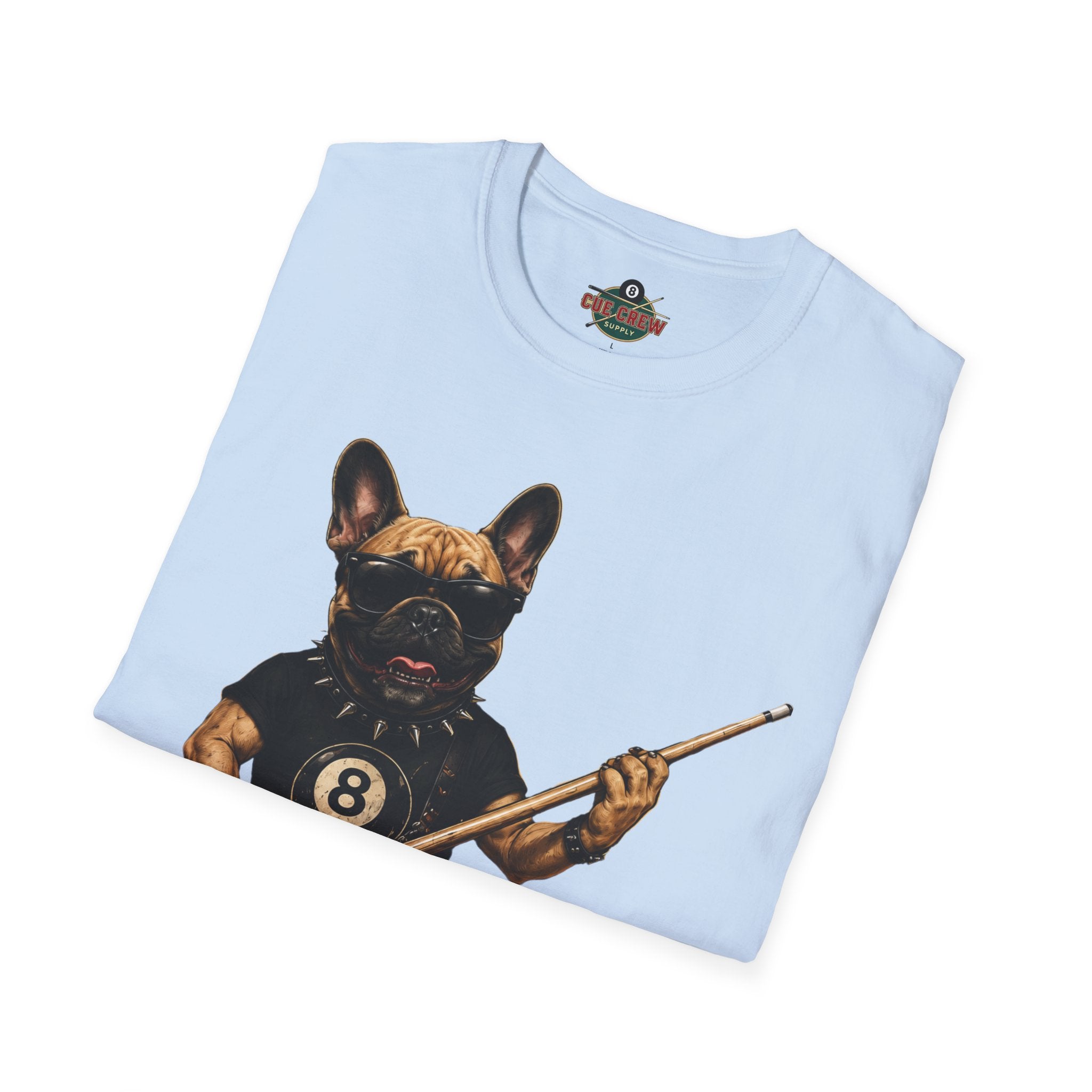 Rockin' French Bulldog Playing Cue Guitar Funny Billiards T-Shirt | Pool Dog Graphic Front Print Unisex Tee
